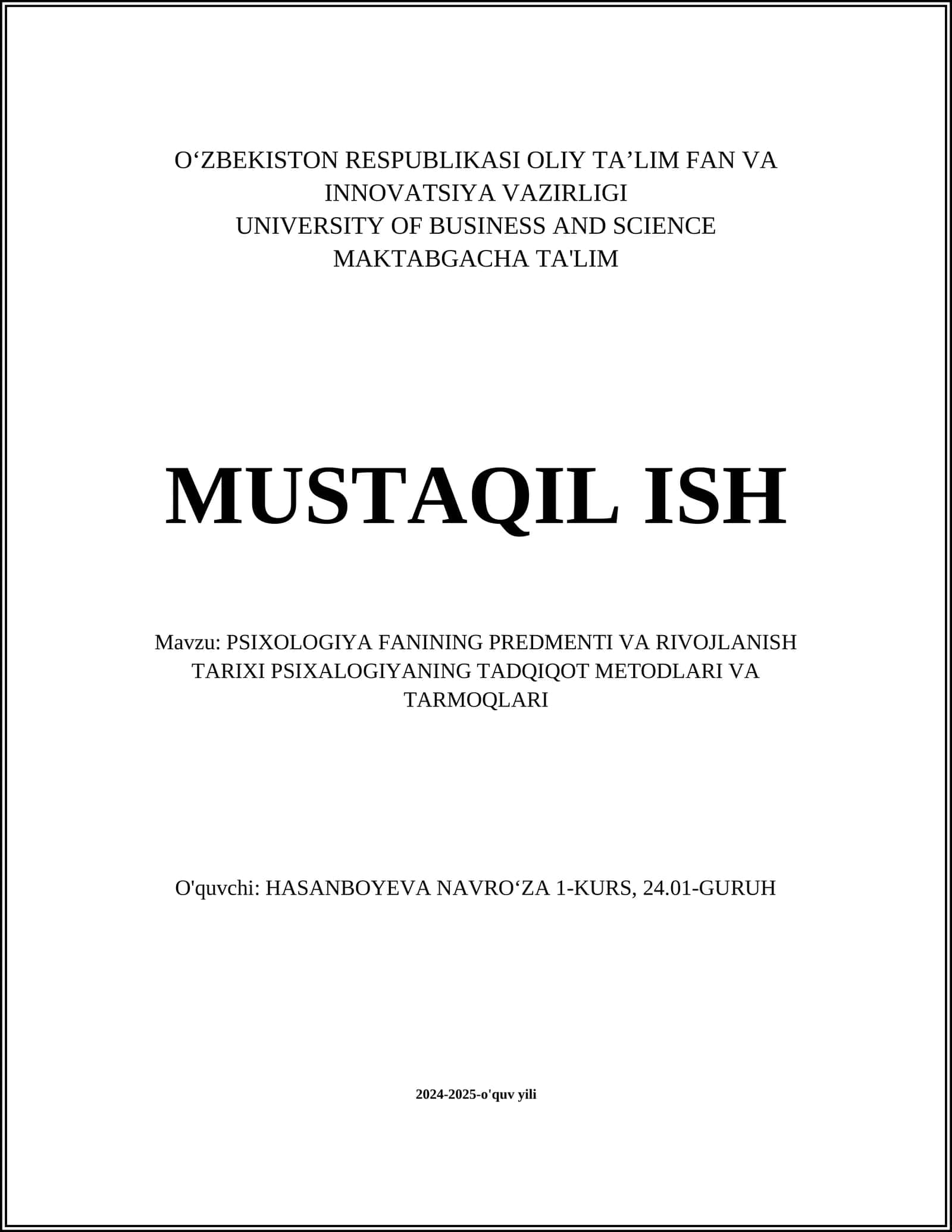PSIXOLOGIYA FANINING PREDMENTI VA RIVOJLANISH TARIXI PSIXALOGIYANING TADQIQOT METODLARI VA TARMOQLARI 1