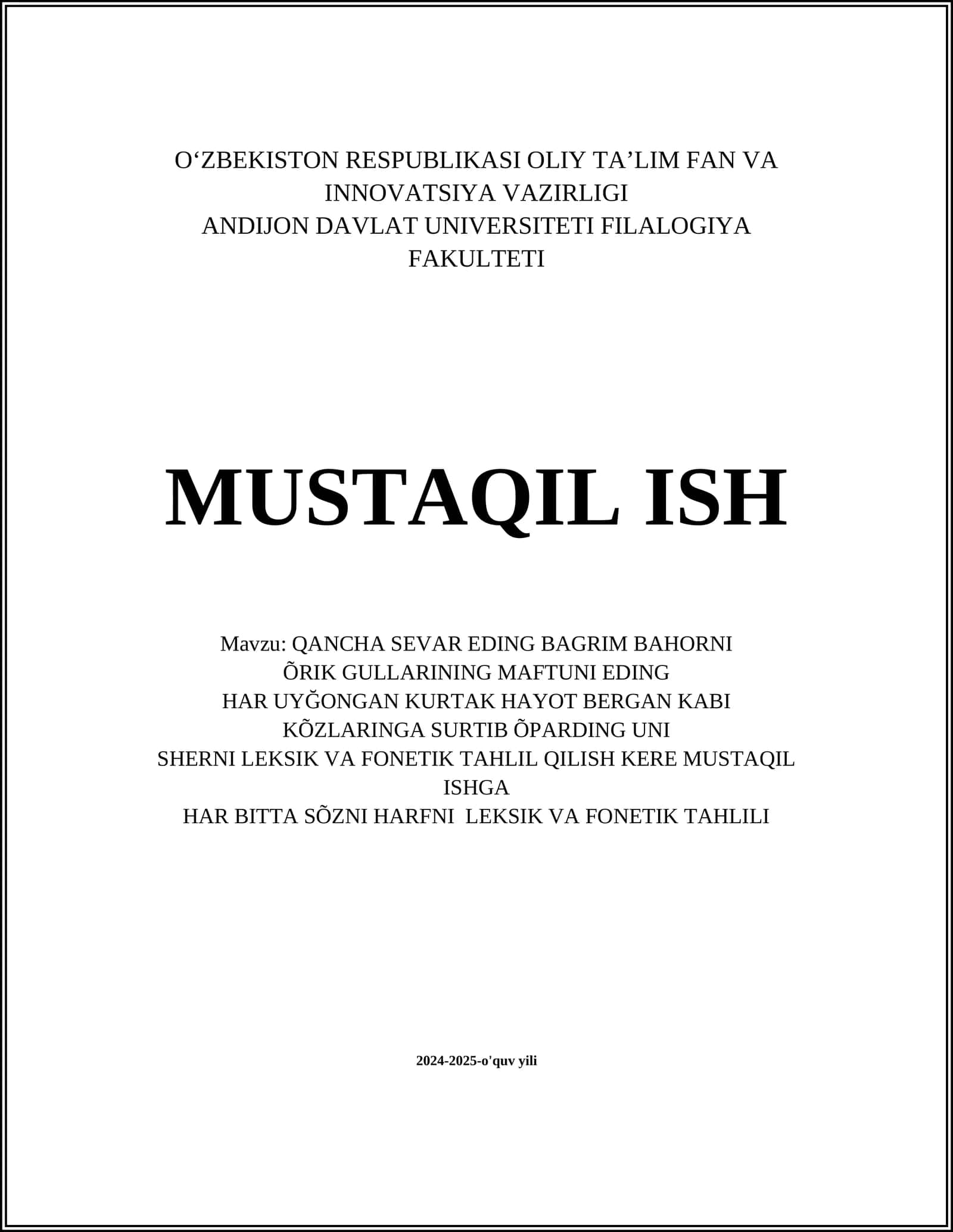 SHERNI LEKSIK VA FONETIK TAHLIL QILISH KERE MUSTAQIL ISHGA 1