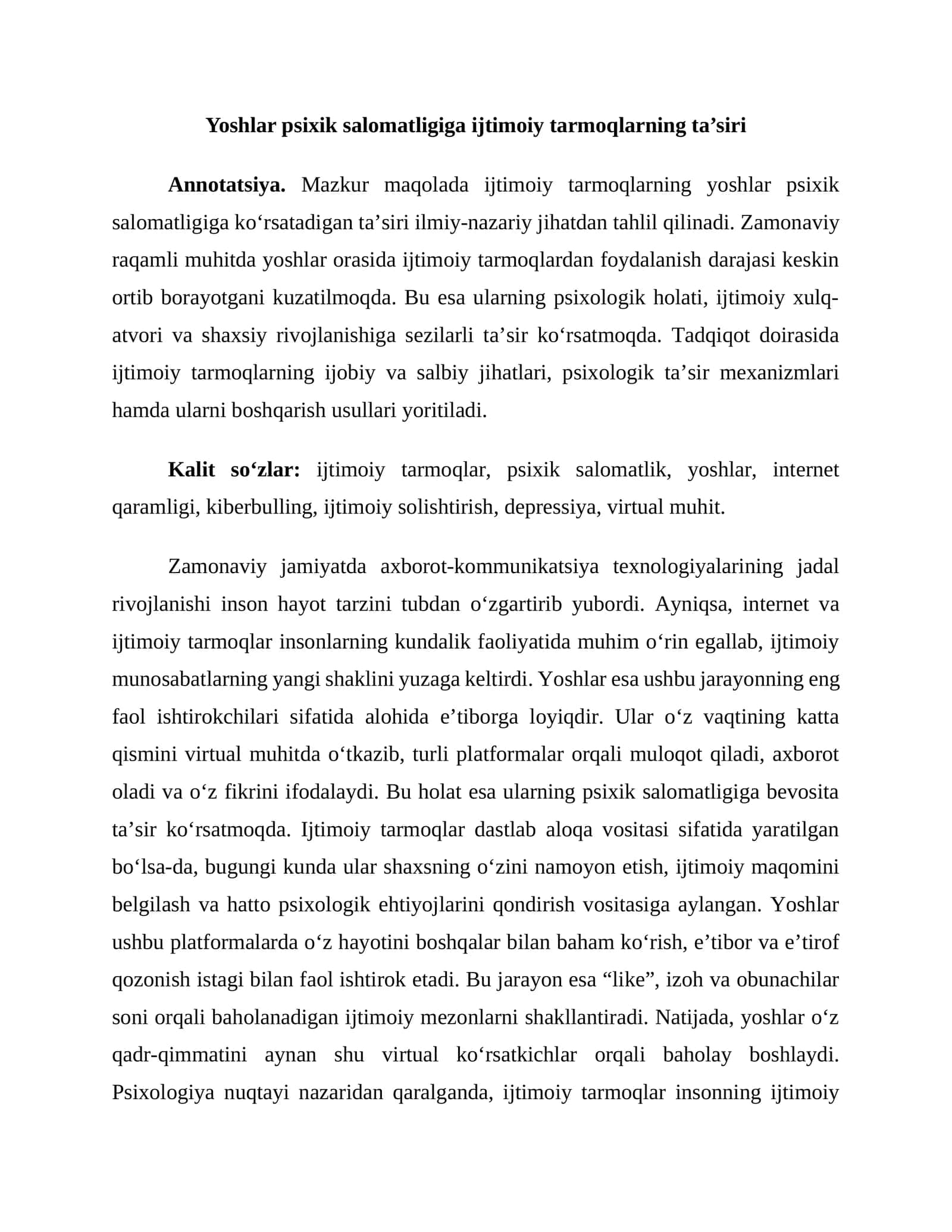 Yoshlar psixik salomatligiga ijtimoiy tarmoqlarning ta’siri 1