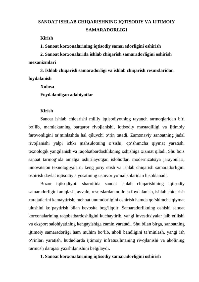 SANOAT ISHLAB CHIQARISHNING IQTISODIY VA IJTIMOIY SAMARADORLIGI 1