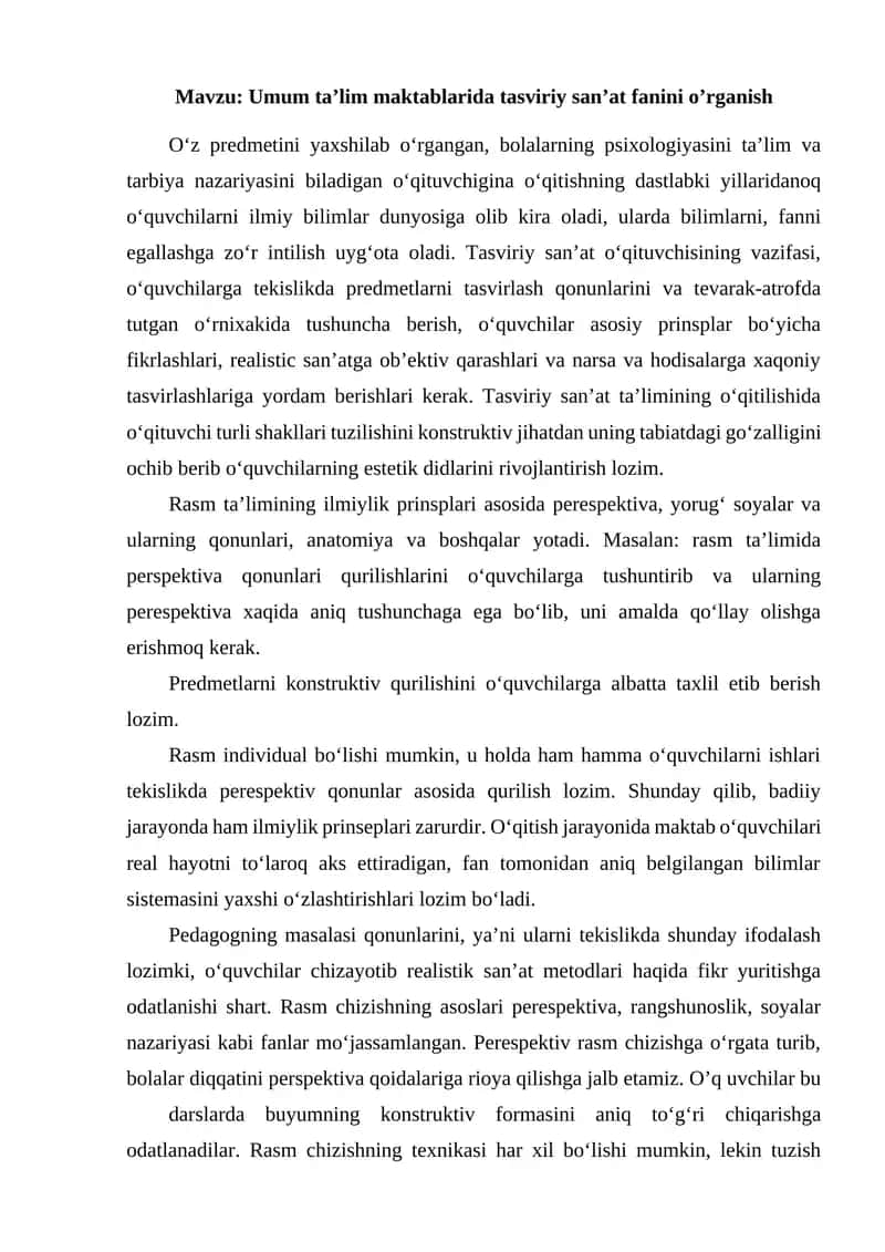 Umum ta’lim maktablarida tasviriy san’at fanini o’rganish 1