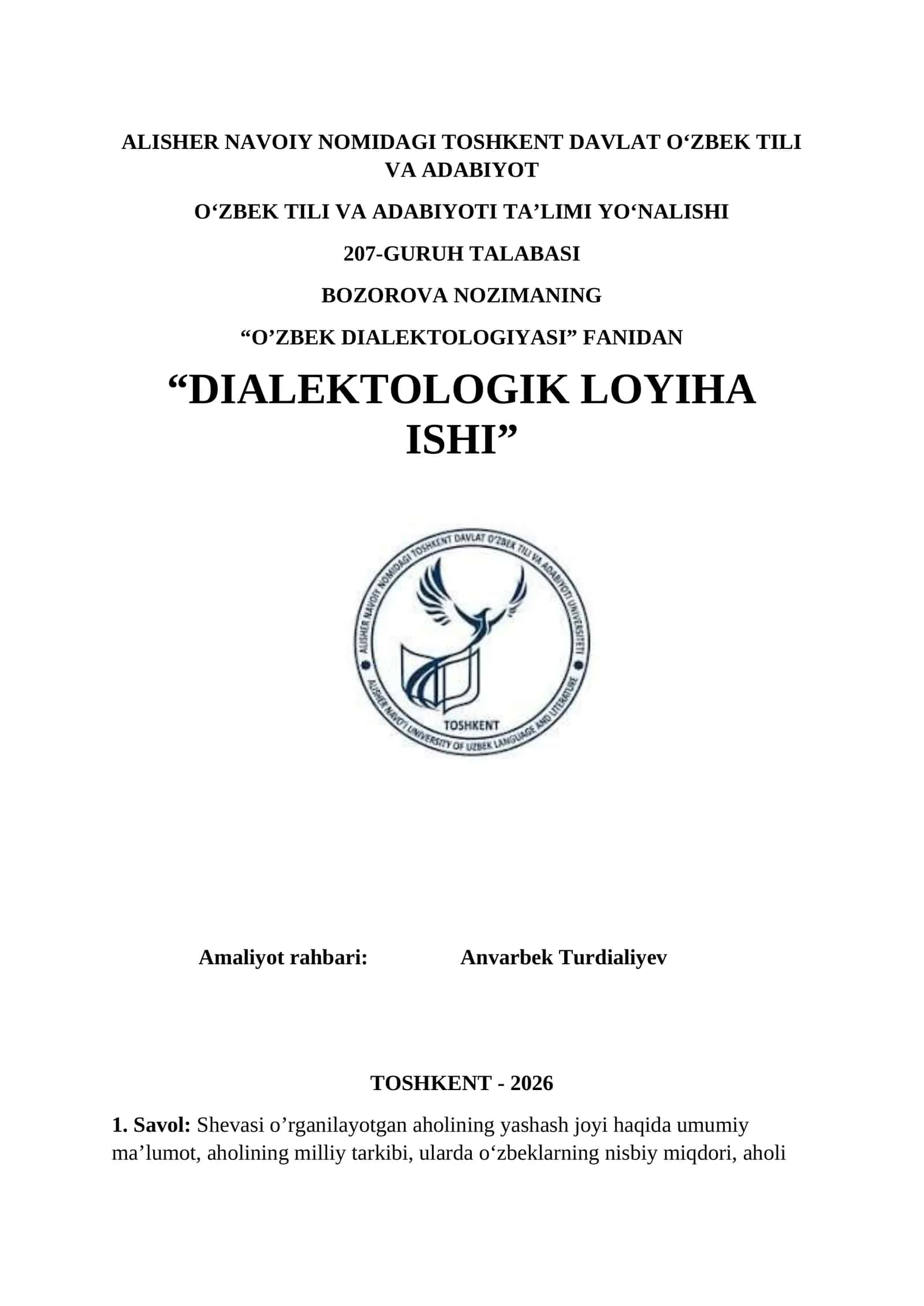 O‘ZBEK DIALEKTOLOGIYASI. Dialektologik amaliyot ishi 1