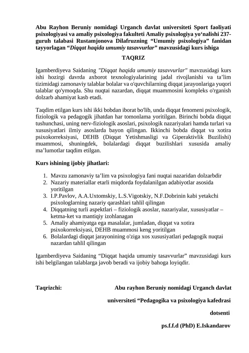 "Diqqat haqida umumiy tasavvurlar" kurs ishi 1