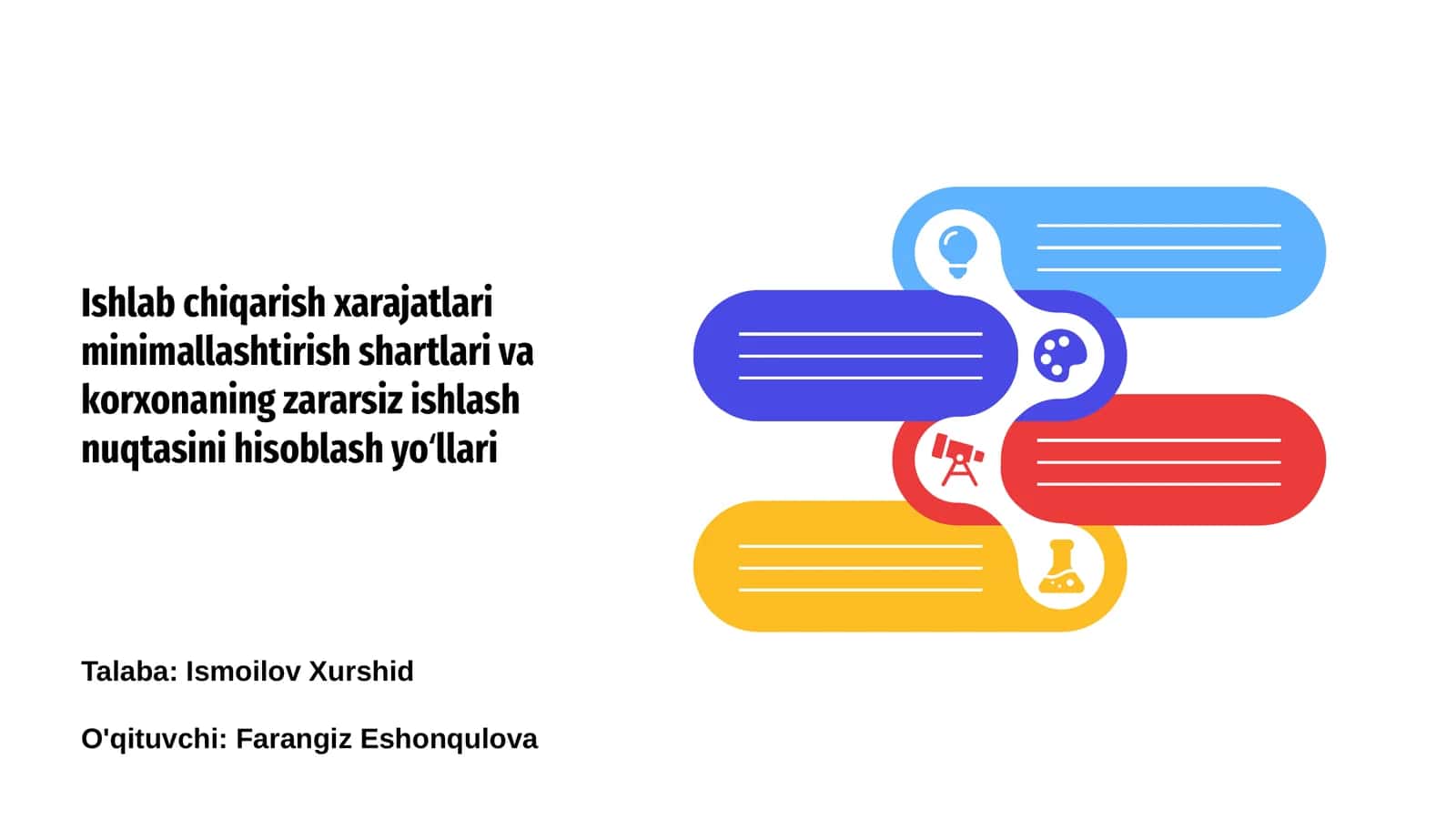 Ishlab chiqarish xarajatlari minimallashtirish shartlari va korxonaning zararsiz ishlash nuqtasini hisoblash yoʻllari 1