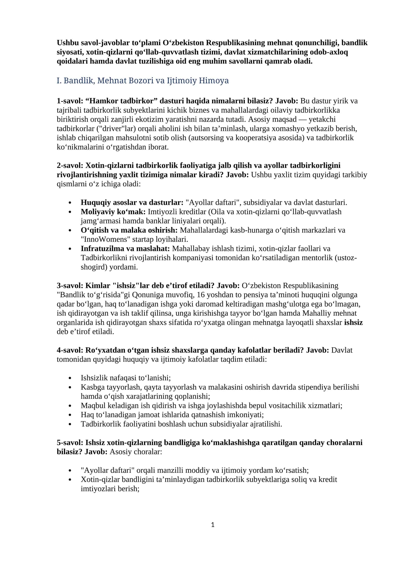 Agros 2026 suhbar salollari javoblari bilan ( Bandlik va tadbirkorlik yo'nalishi ) 1