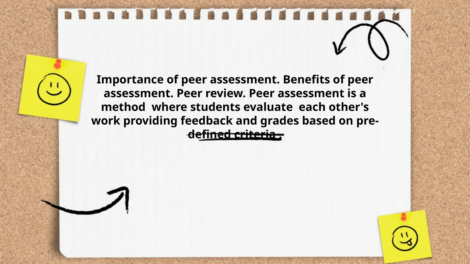 Importance of peer assessment. Benefits of peer assessment. Peer review. Peer assessment is a method  where students evaluate  each other's work providing feedback and grades based on pre-defined criteria . 1