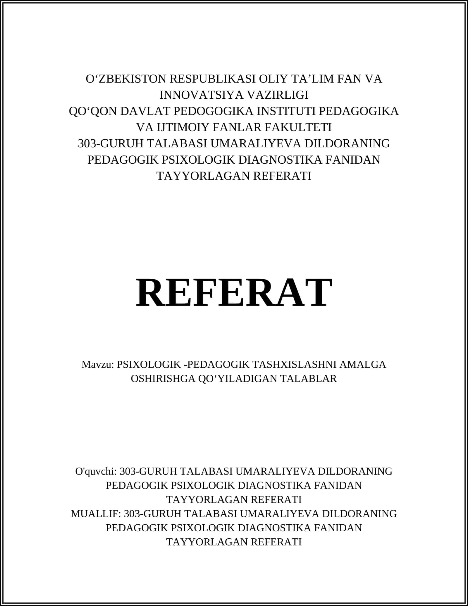 PEDAGOGIK PSIXOLOGIK DIAGNOSTIKA FANIDAN TAYYORLAGAN REFERATI 1