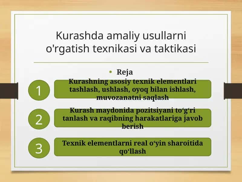 Kurashda amaliy usullarni o'rgatish texnikasi va taktikasi 1