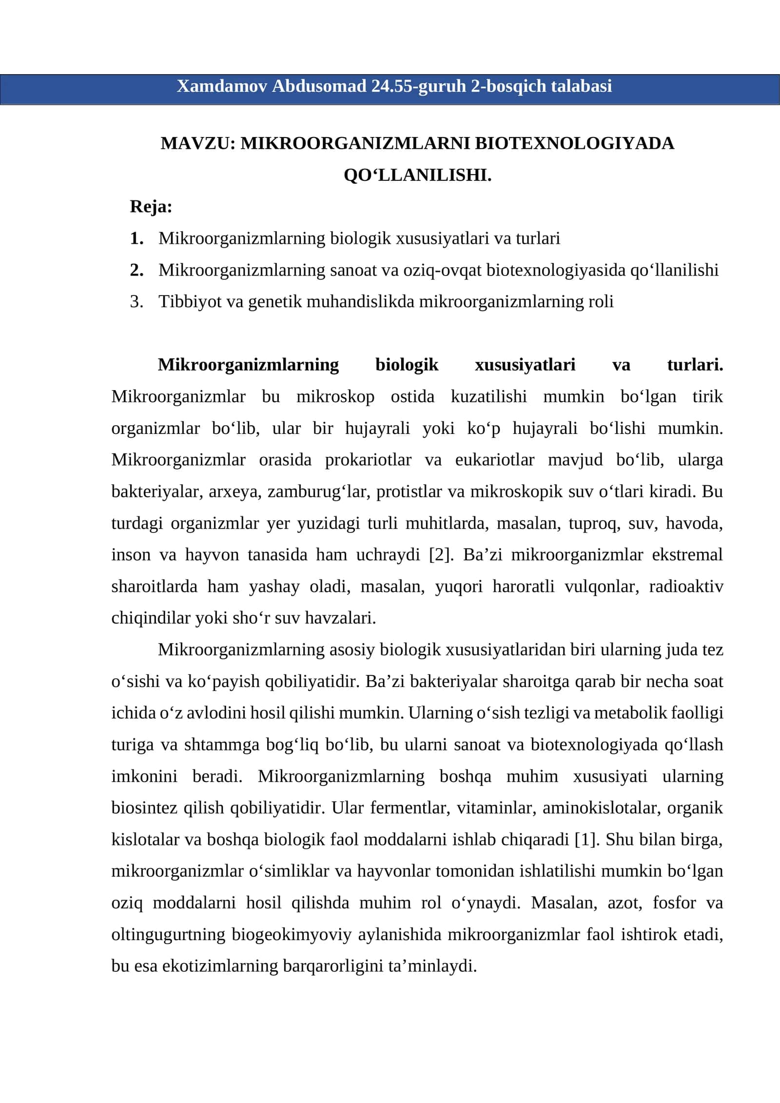 MIKROORGANIZMLARNI BIOTEXNOLOGIYADA QO‘LLANILISHI 1