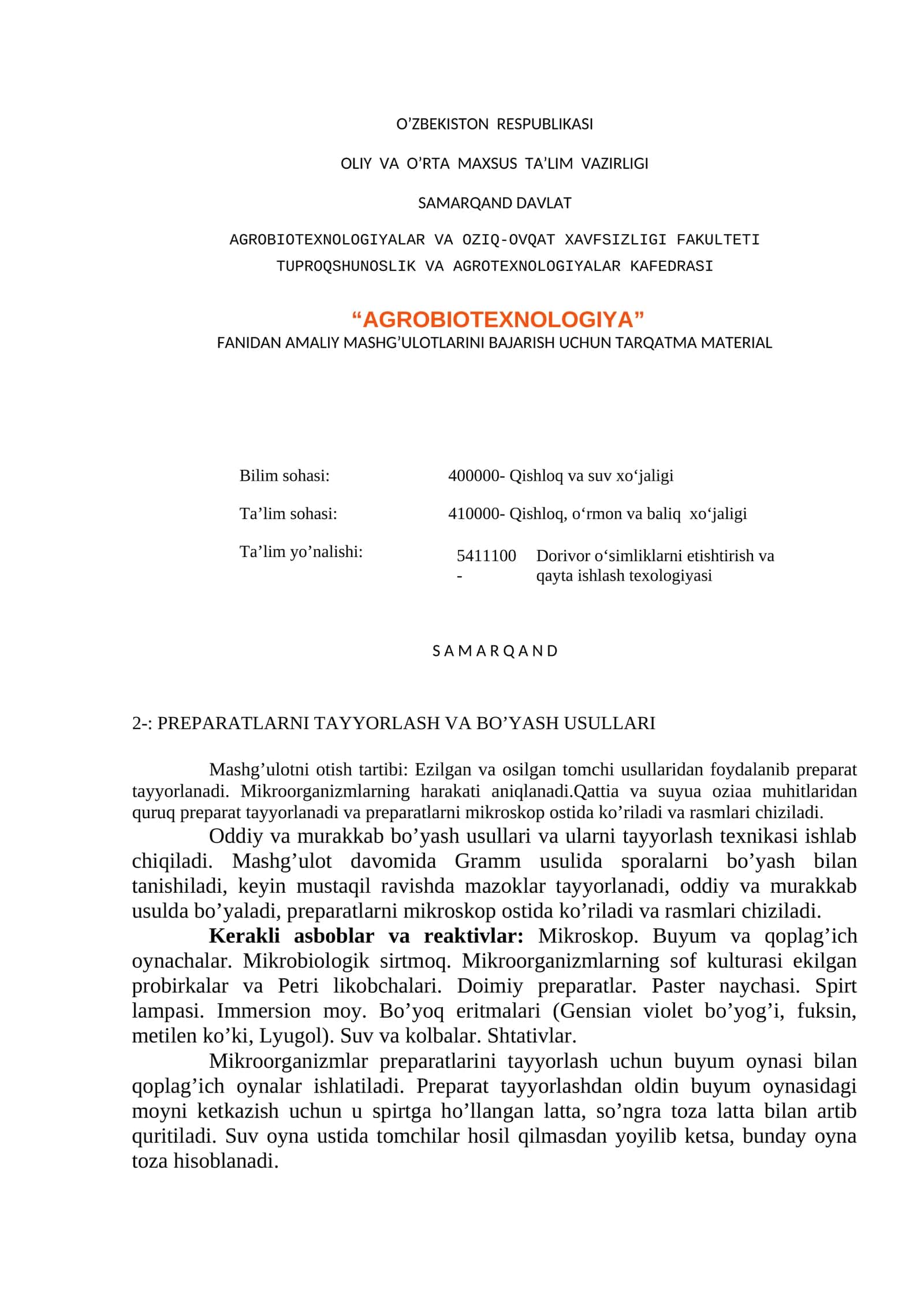 PREPARATLARNI TAYYORLASH VA BO’YASH USULLARI 1