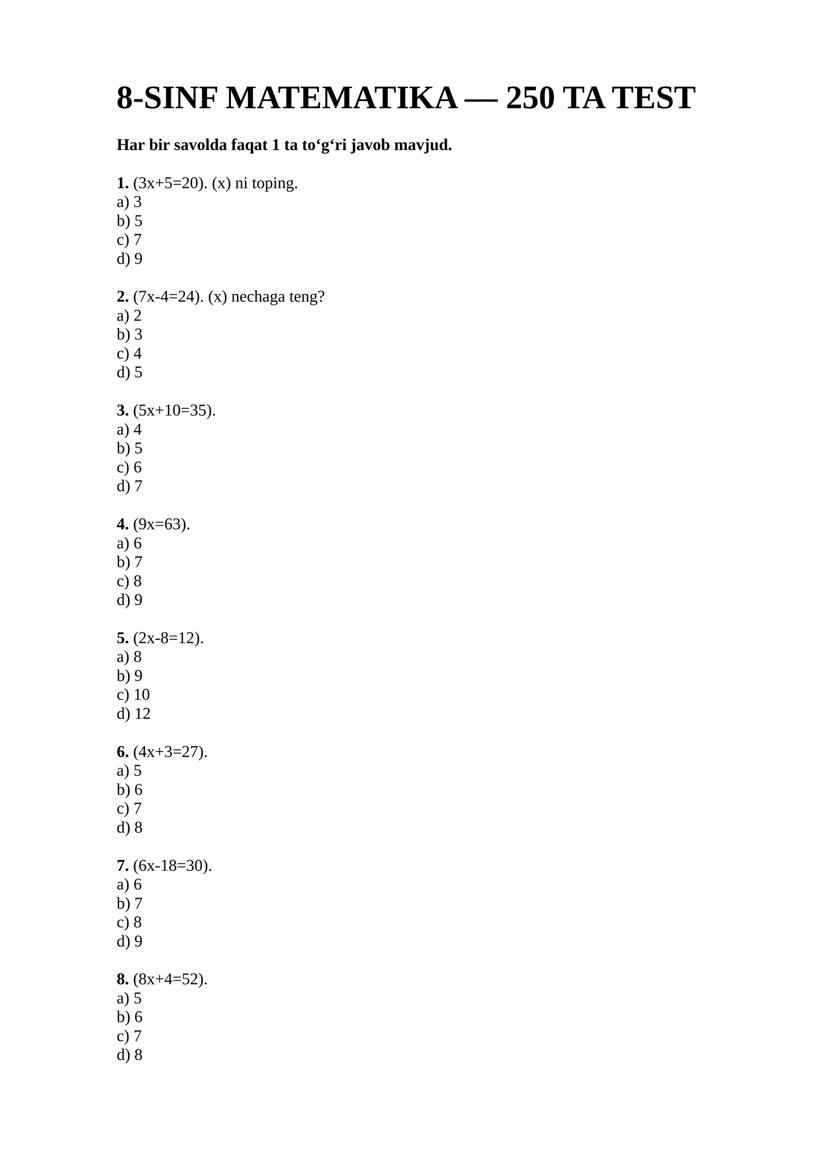 📘 8-SINF MATEMATIKA — 250 TA TEST 1