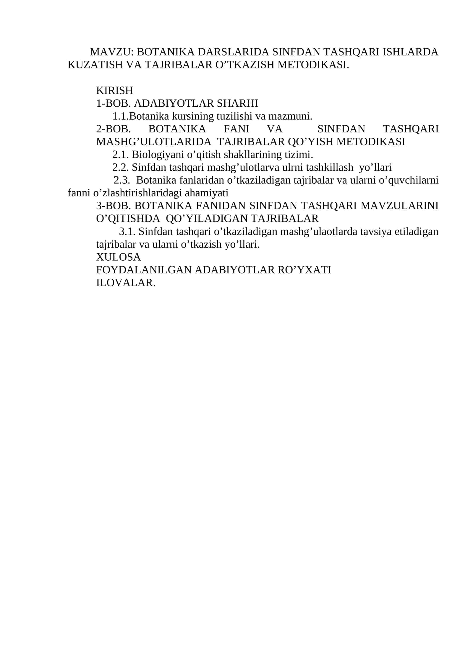 BOTANIKA DARSLARIDA SINFDAN TASHQARI ISHLARDA KUZATISH VA TAJRIBALAR O’TKAZISH METODIKASI 1