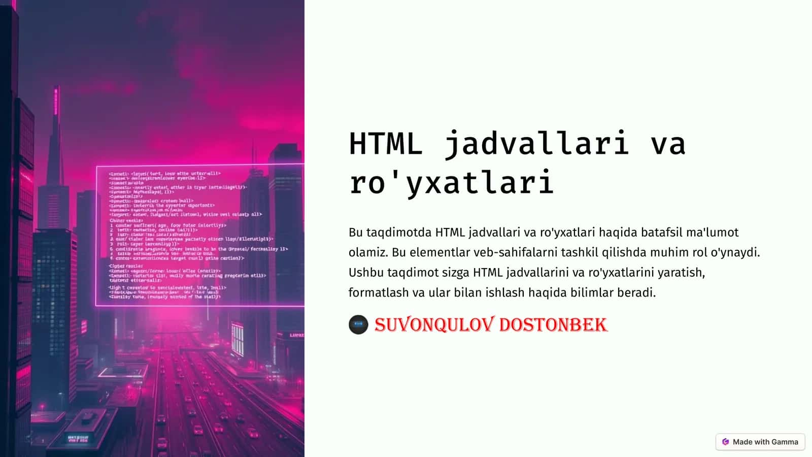 HTML jadvallari va ro'yxatlari 1