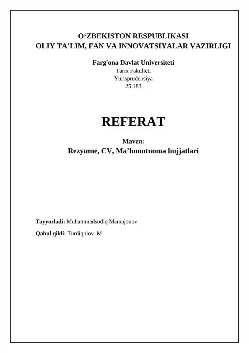 Rezyume, CV, Ma’lumotnoma hujjatlari