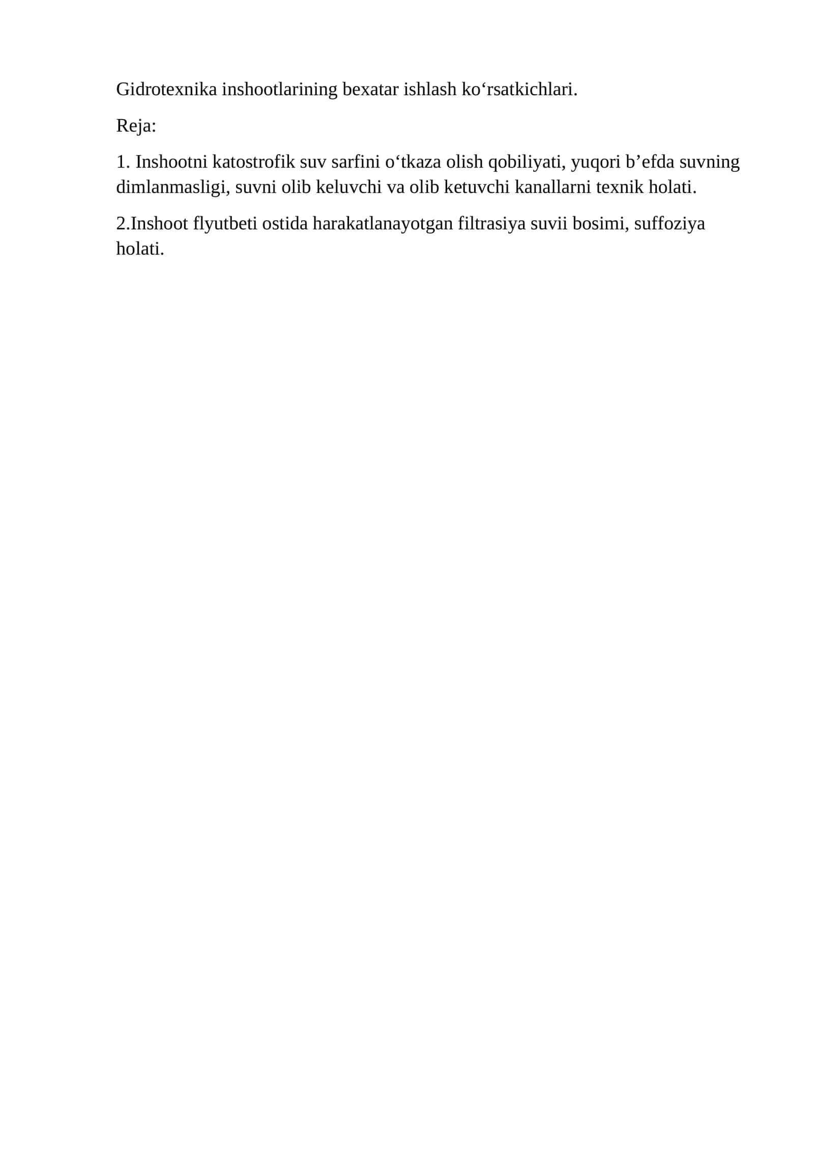 Gidrotexnika inshootlarining bexatar ishlash ko‘rsatkichlari 1