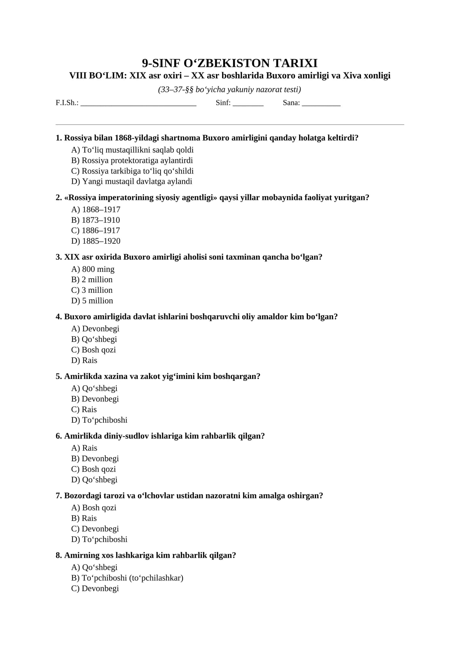 Mavzulashtirilgan testlar | 9-SINF O‘ZBEKISTON TARIXI VIII boʻlim 1