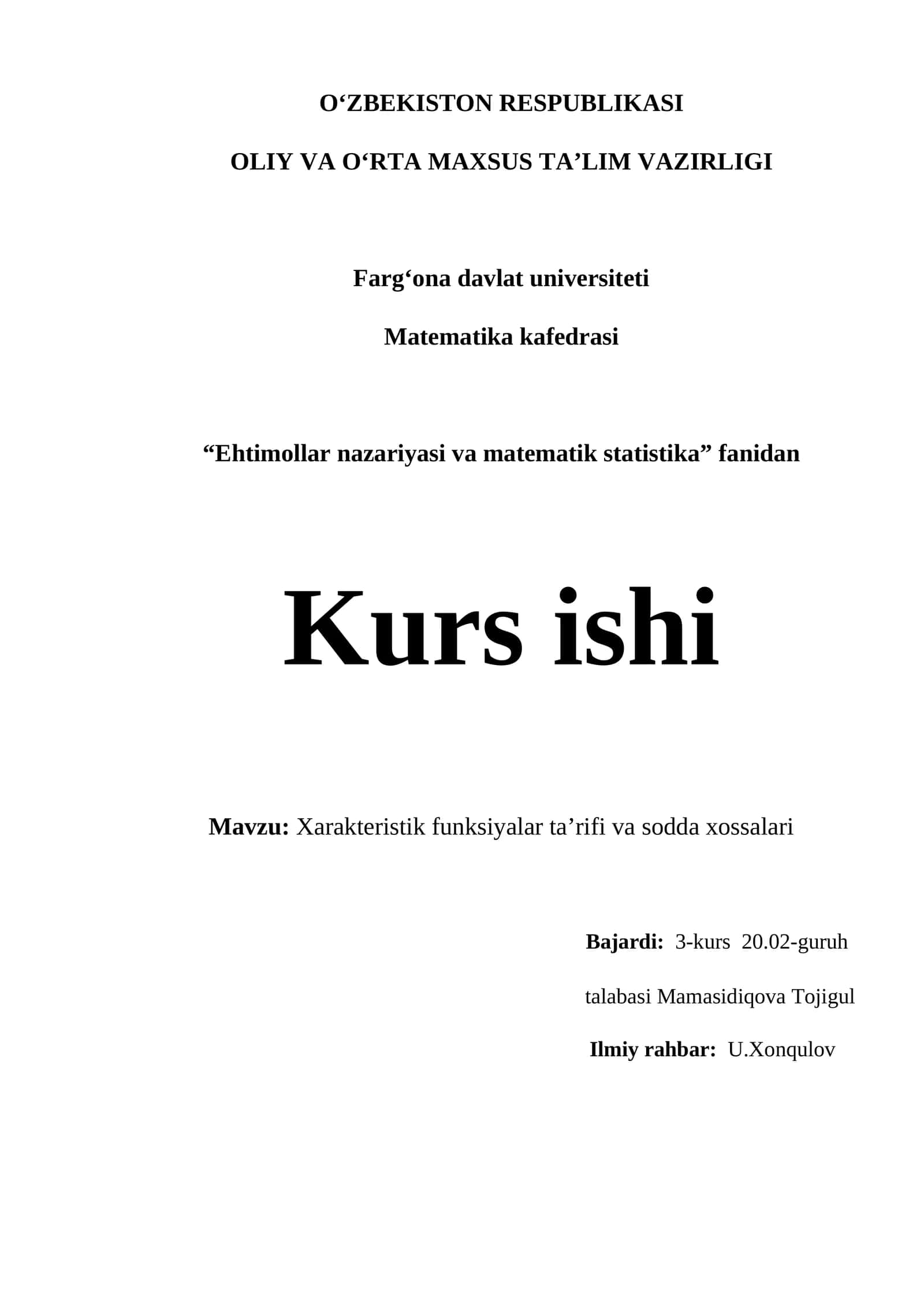 Kurs ishi "Xarakteristik funksiyalar ta’rifi va sodda xossalari" 1