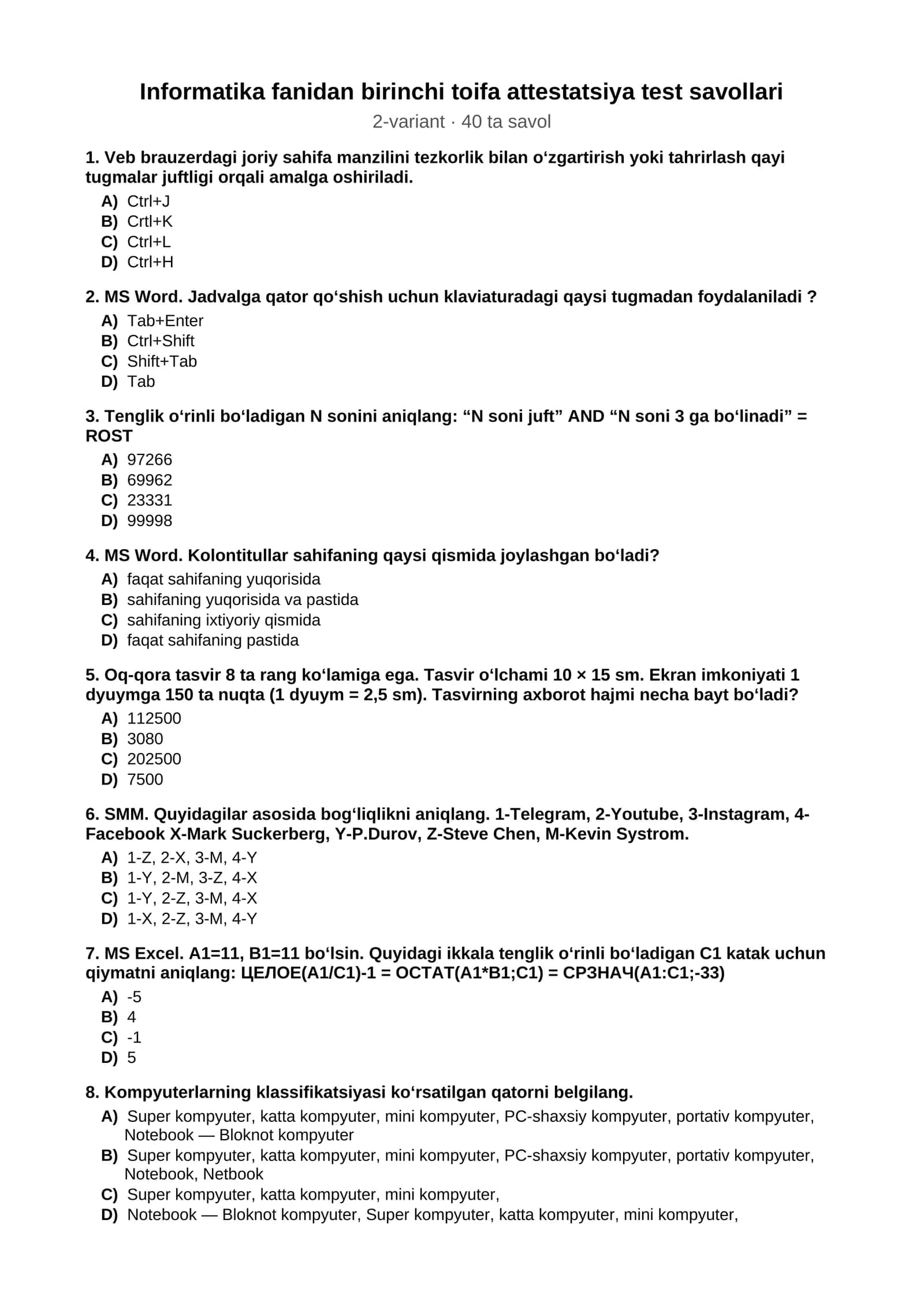 Informatika fanidan birinchi toifa attestatsiya test savollari 1