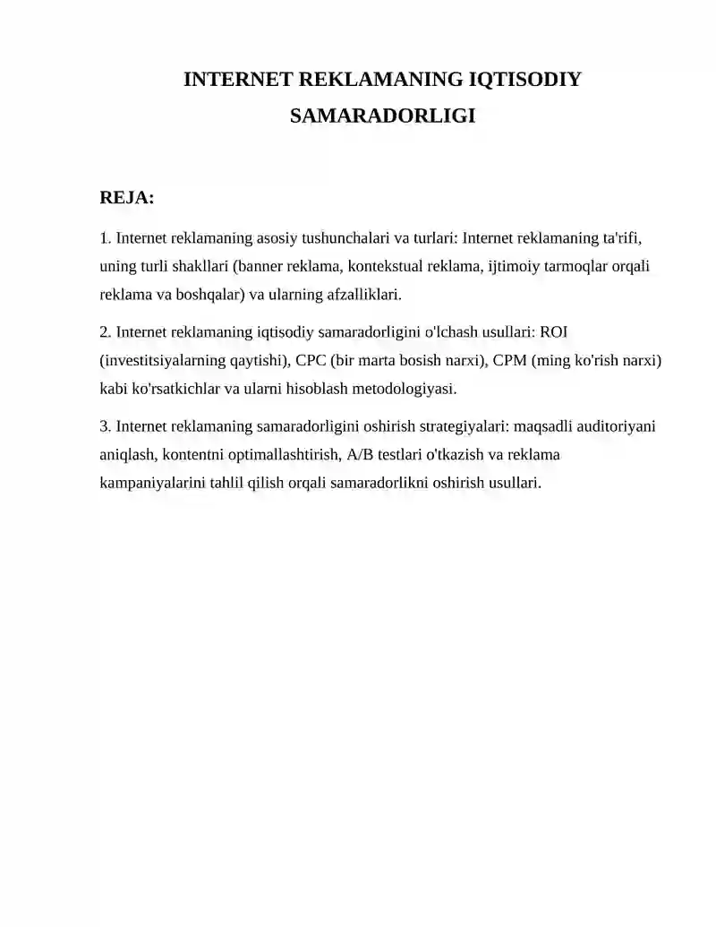 Internet reklamaning iqtisodiy samaradorligi