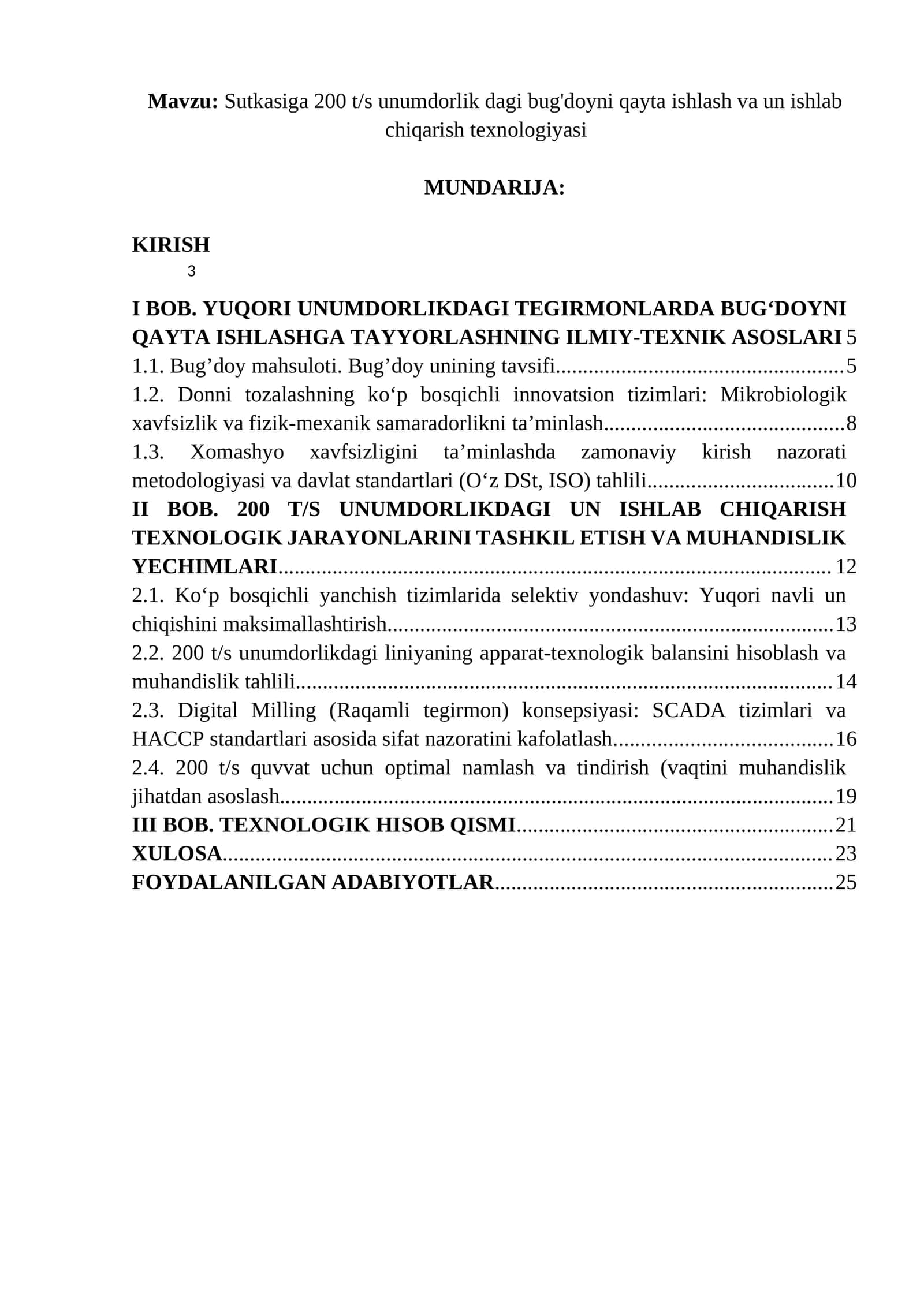 Sutkasiga 200 t/s unumdorlik dagi bug'doyni qayta ishlash va un ishlab chiqarish texnologiyasi 1