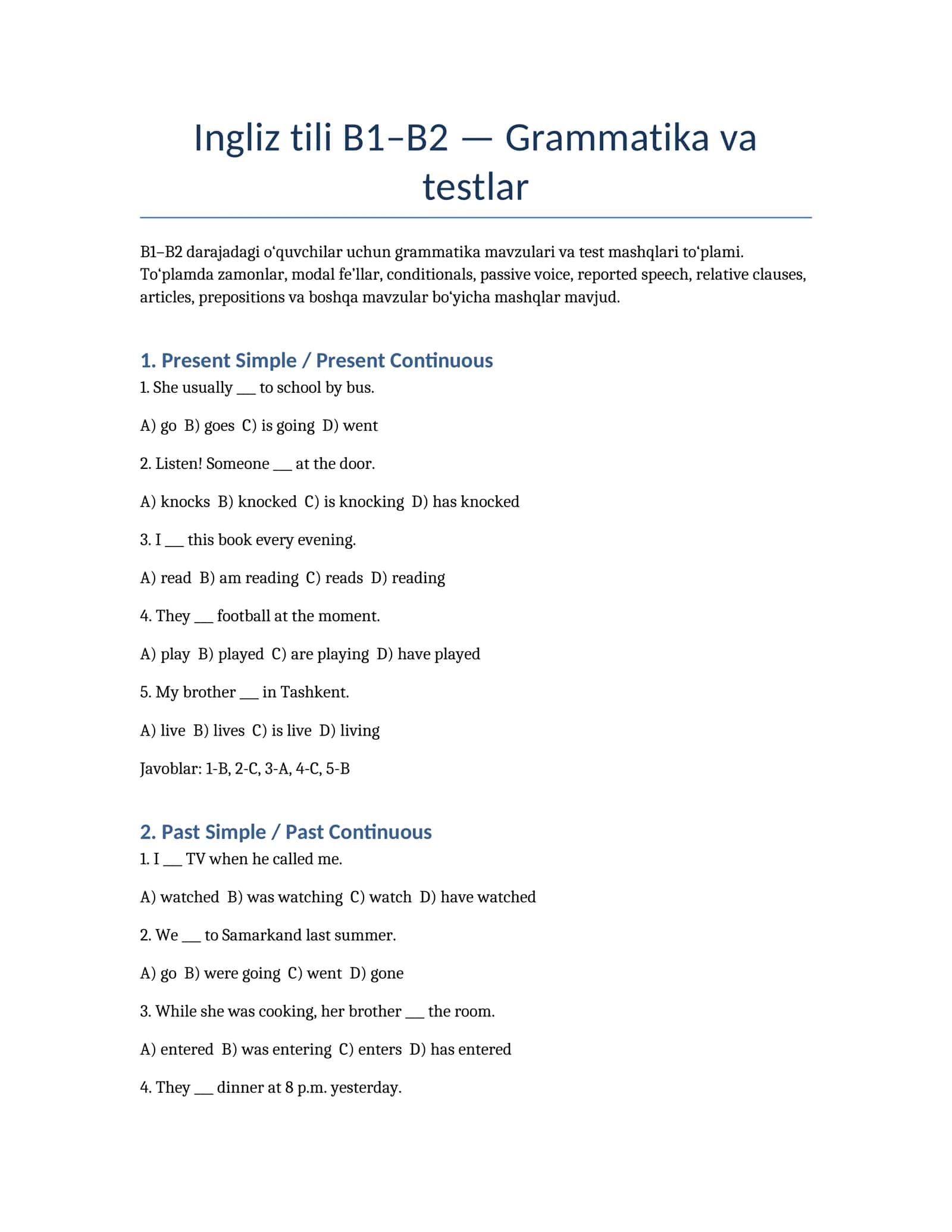 Ingliz tili B1–B2 — Grammatika va testlar 1