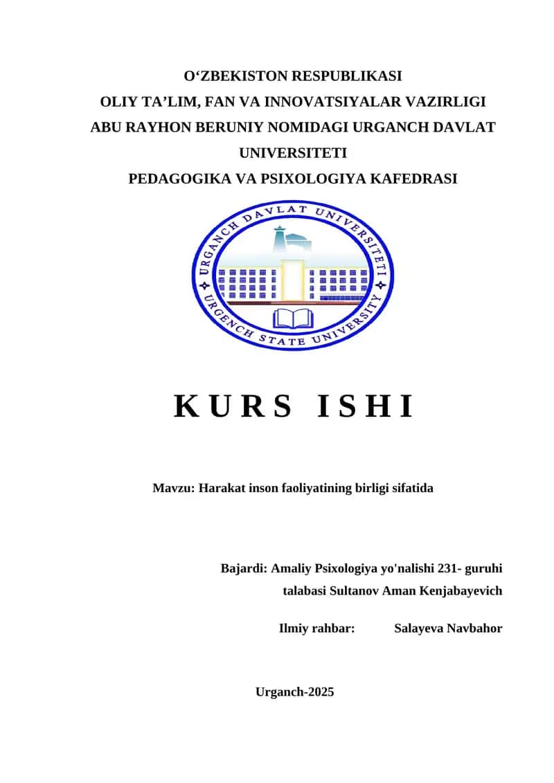Harakat inson faoliyatining birligi sifatida         Ҳаракат инсон фаолиятининг бирлиги сифатида 1
