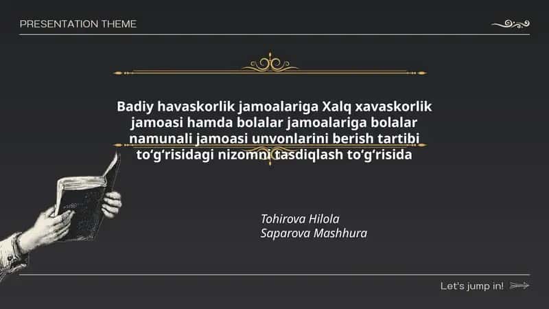 Badiy havaskorlik jamoalariga Xalq xavaskorlik jamoasi hamda bolalar jamoalariga bolalar namunali jamoasi unvonlarini berish tartibi toʻgʻrisidagi nizomni tasdiqlash toʻgʻrisida 1