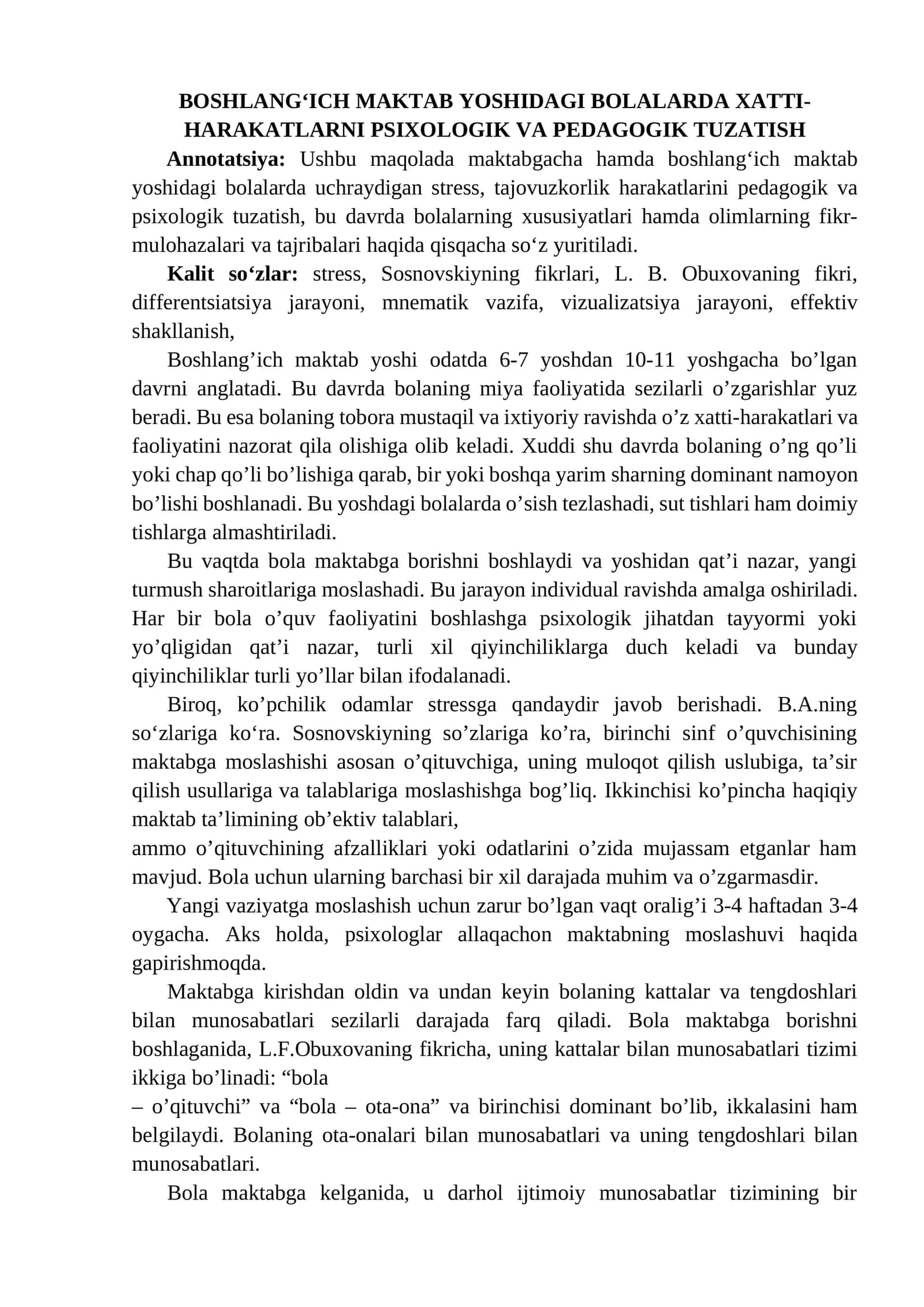 BOSHLANG‘ICH MAKTAB YOSHIDAGI BOLALARDA XATTI-HARAKATLARNI PSIXOLOGIK VA PEDAGOGIK TUZATISH 1