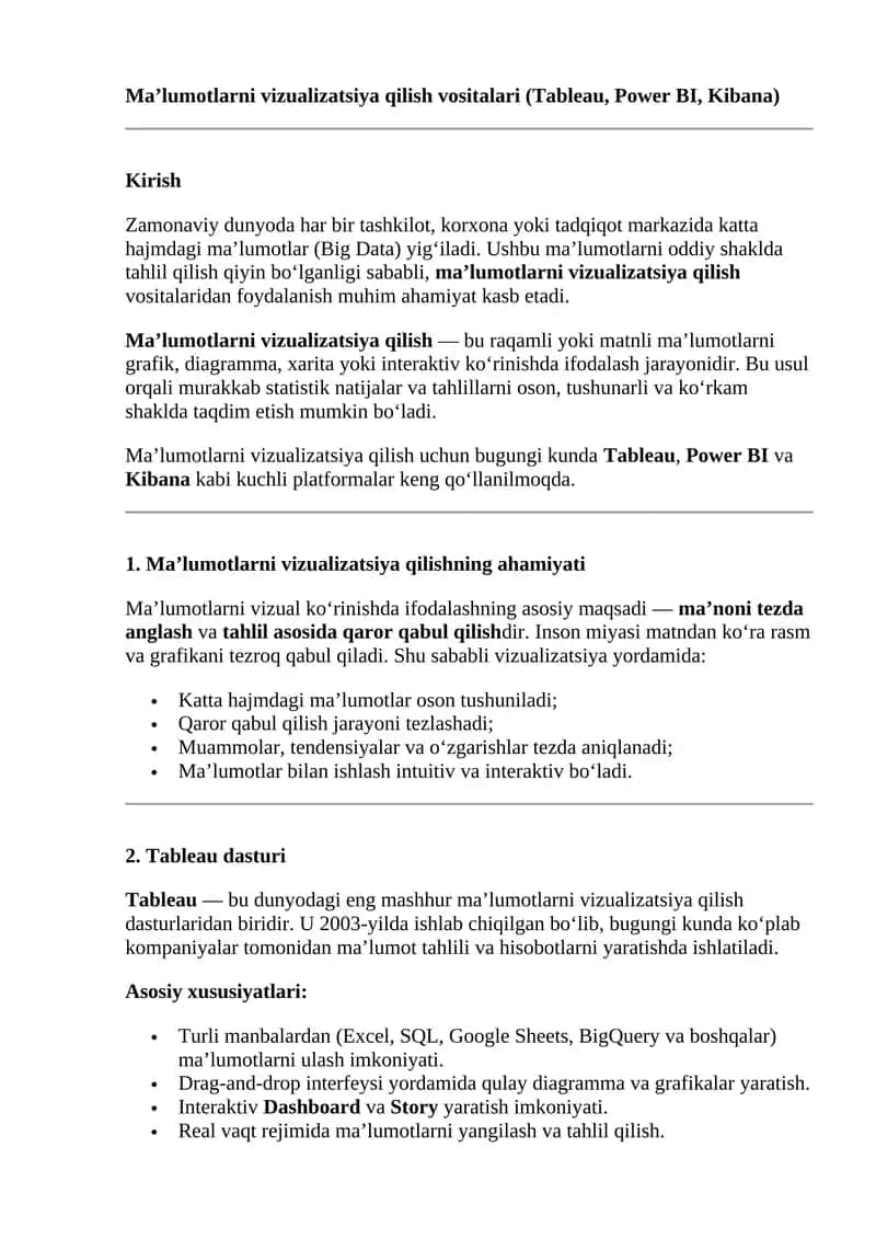 Ma’lumotlarni vizualizatsiya qilish vositalari (Tableau, Power BI, Kibana) 1