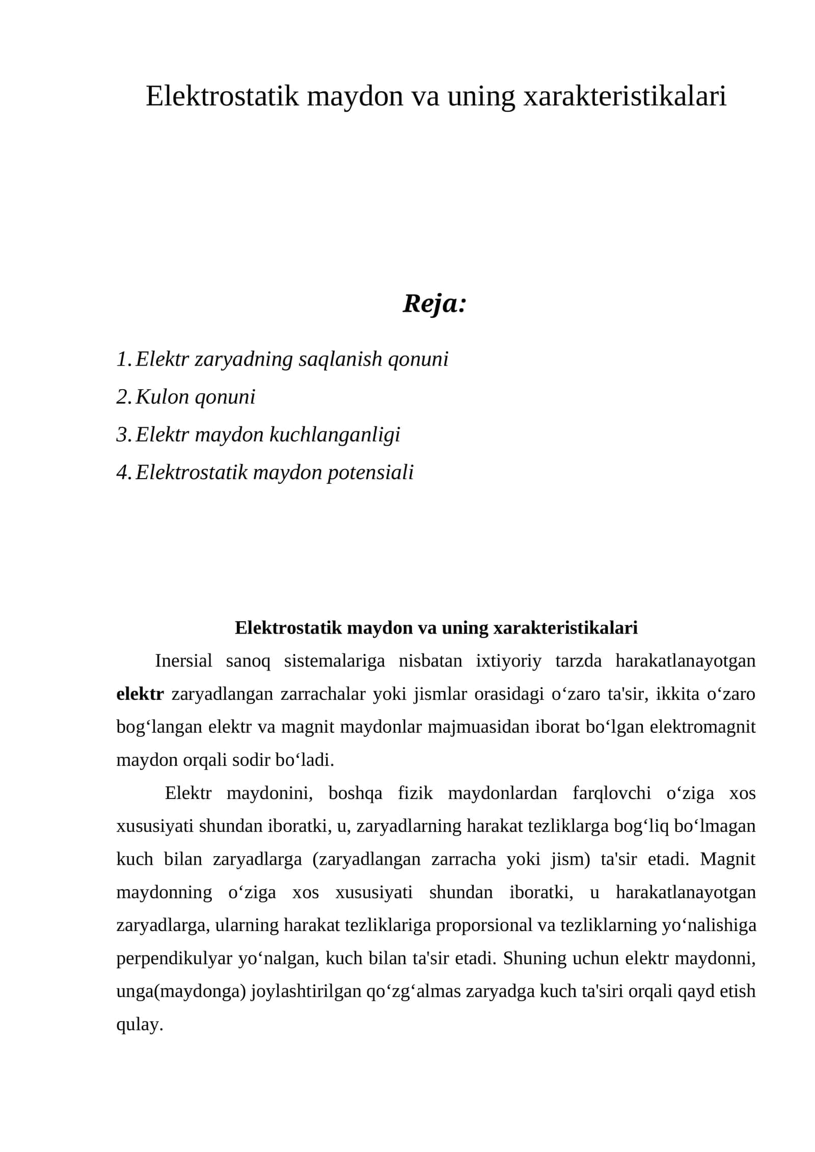 Elektrostatik maydon va uning xarakteristikalari 1