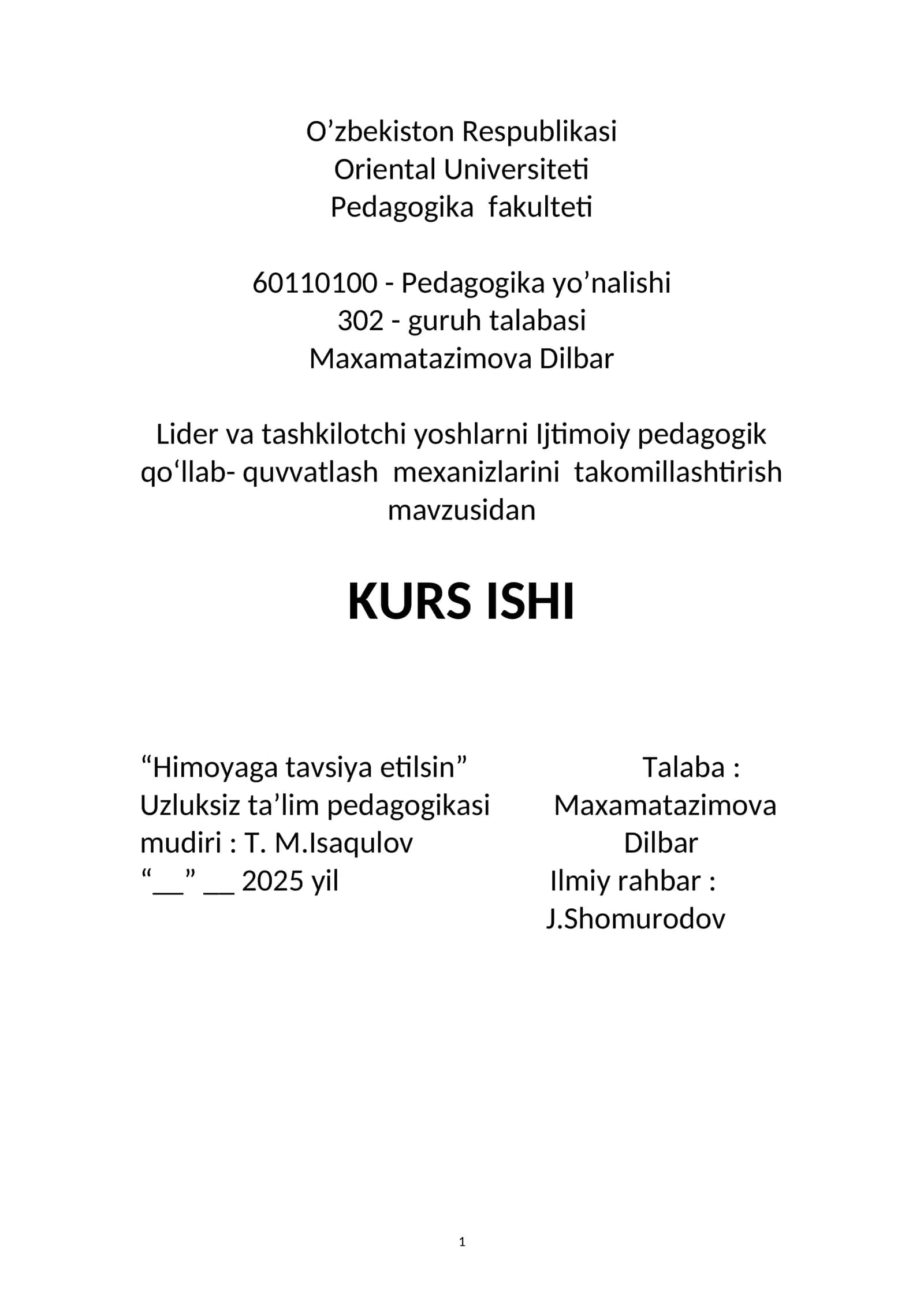 Lider va tashkilotchi yoshlarni Ijtimoiy pedagogik qoʻllab- quvvatlash mexanizlarini takomillashtirish 1