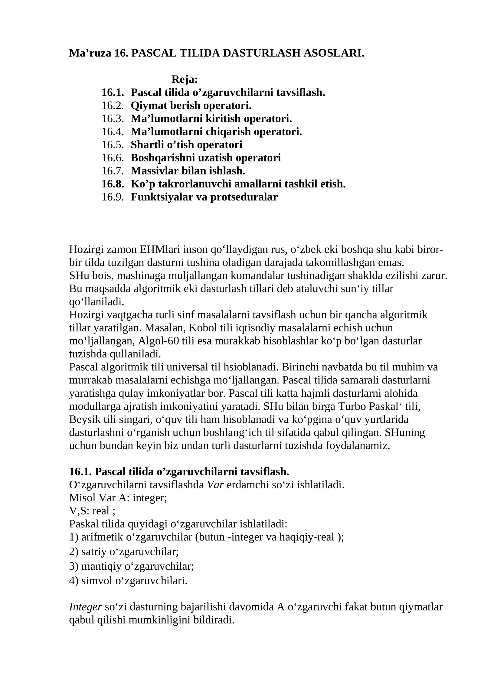 PASCAL TILIDA DASTURLASH ASOSLARI 1
