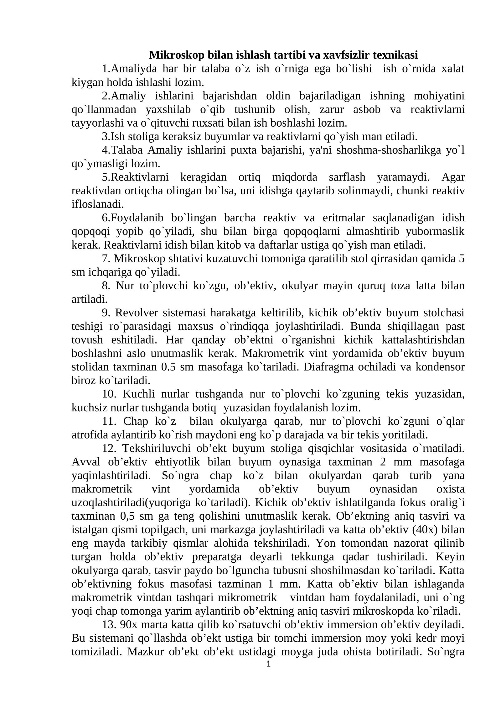 Mikroskop bilan ishlash tartibi va xavfsizlir tеxnikasi 1