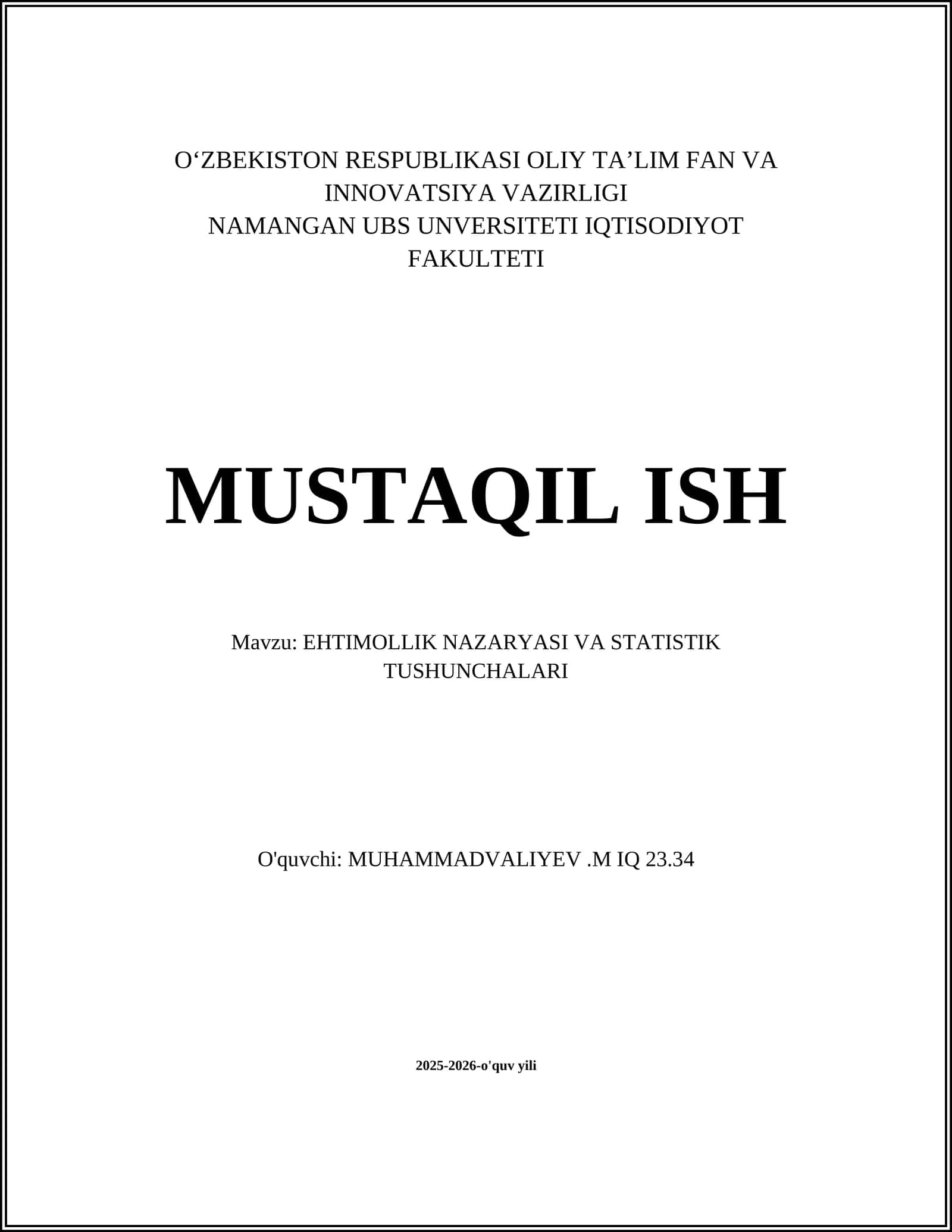 EHTIMOLLIK NAZARYASI VA STATISTIK TUSHUNCHALARI 1