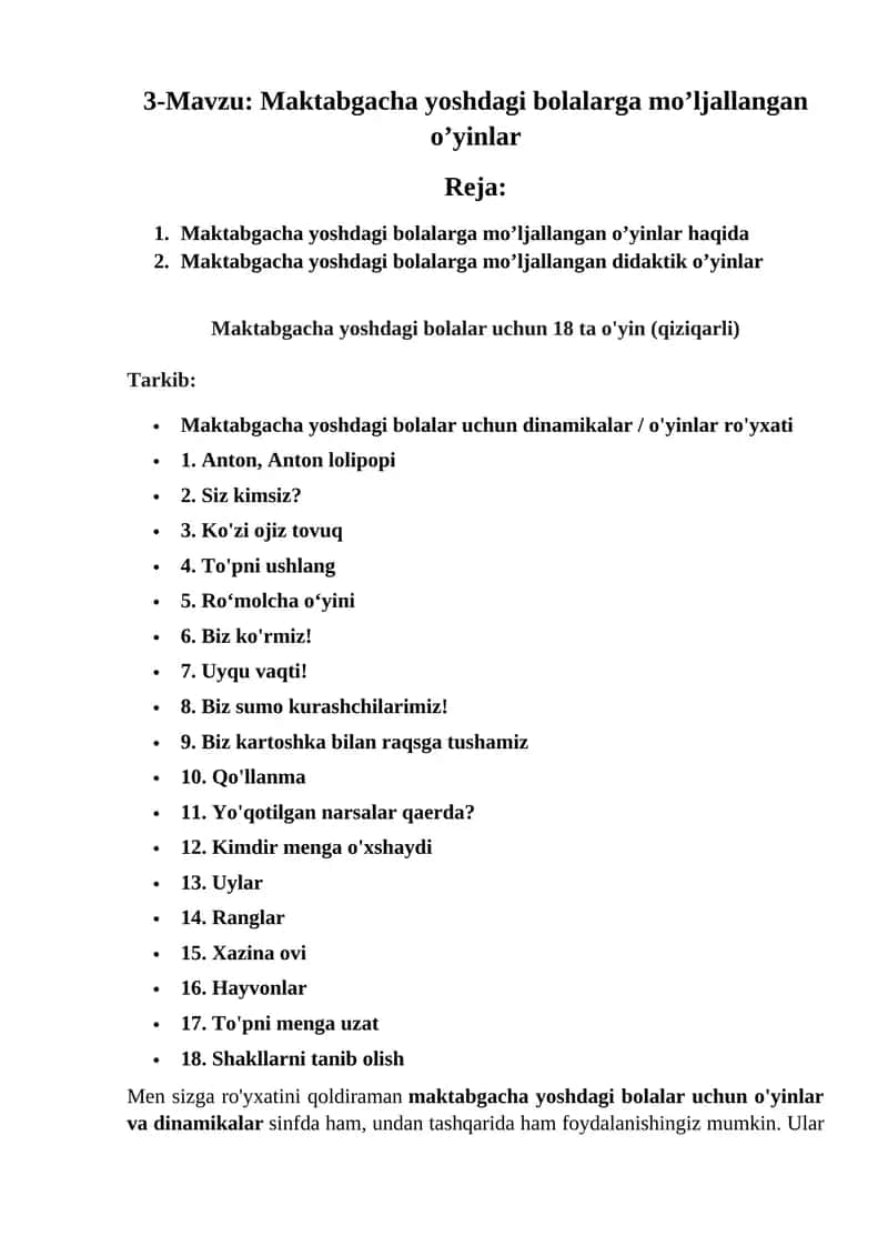 Maktabgacha yoshdagi bolalarga mo’ljallangan o’yinlar 1
