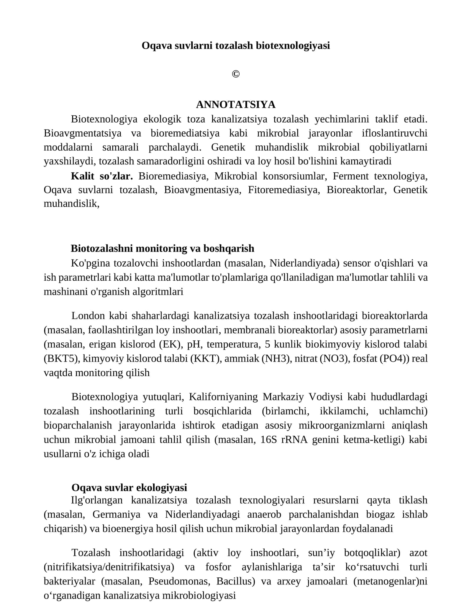 Oqava suvlarni tozalash biotexnologiyasi 1