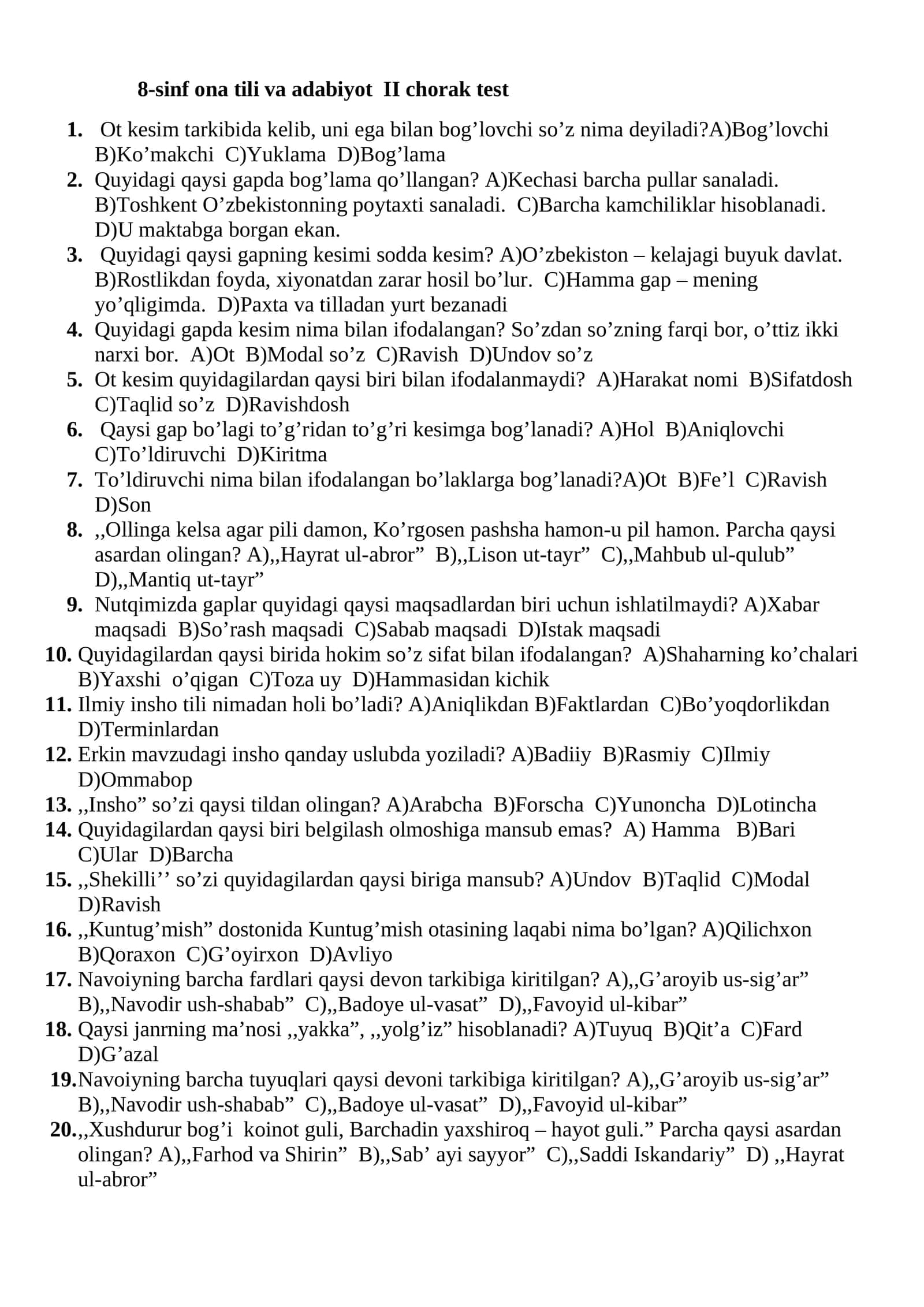 8-sinf ona tili va adabiyot II chorak test 1