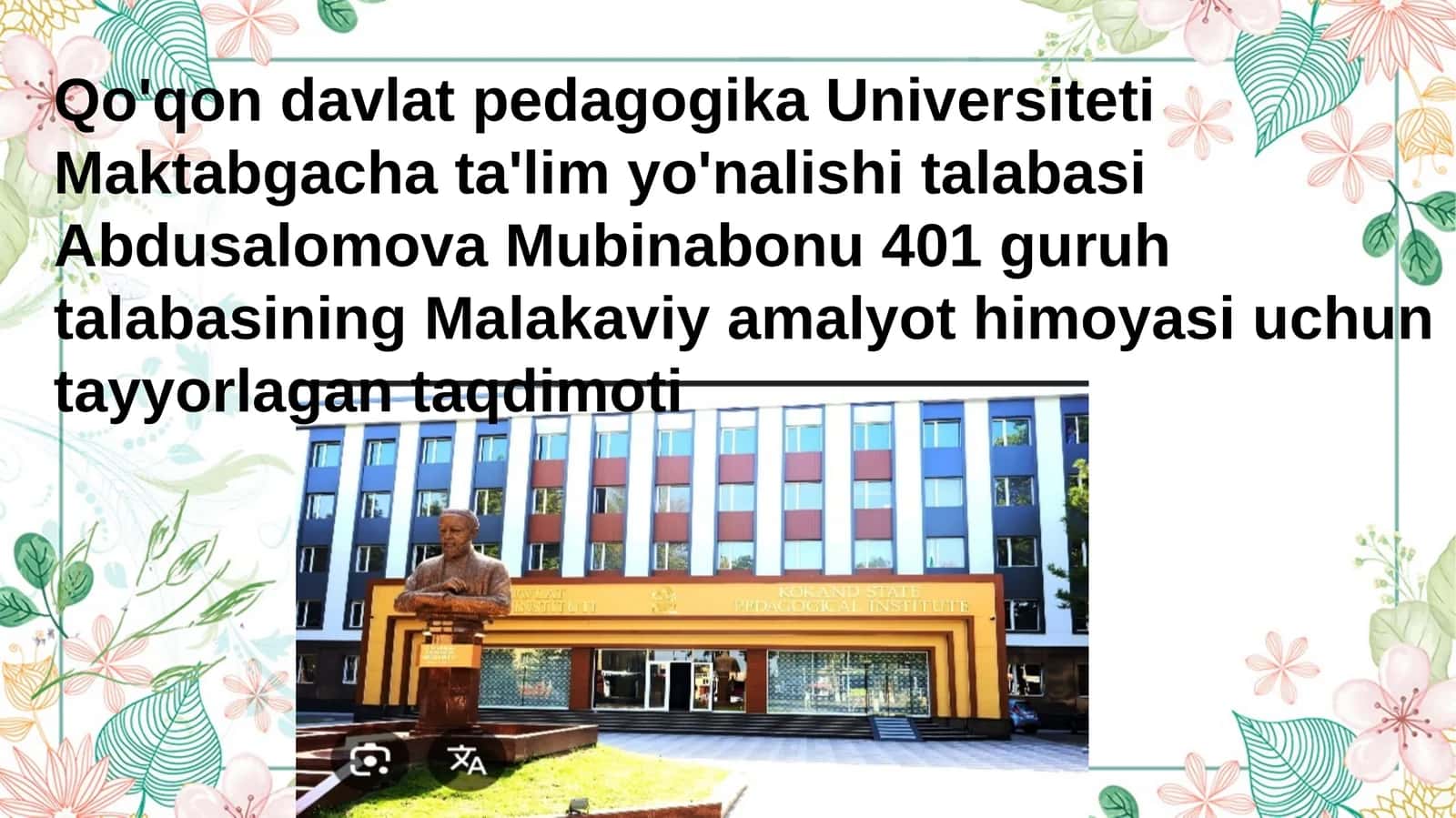 Maktabgacha ta'lim yo'nalishi talabasi Malakaviy amaliy yo'timoyasi uchun tayyorlagan taqdimot 1