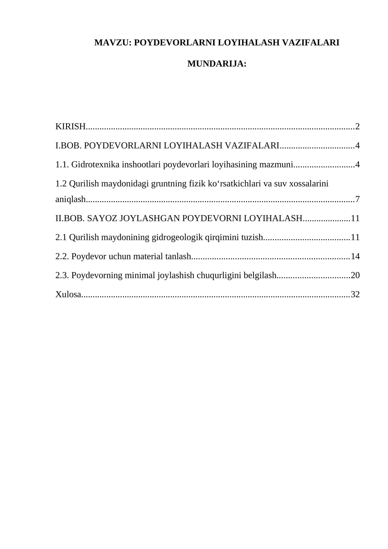 POYDEVORLARNI LOYIHALASH VAZIFALARI 1