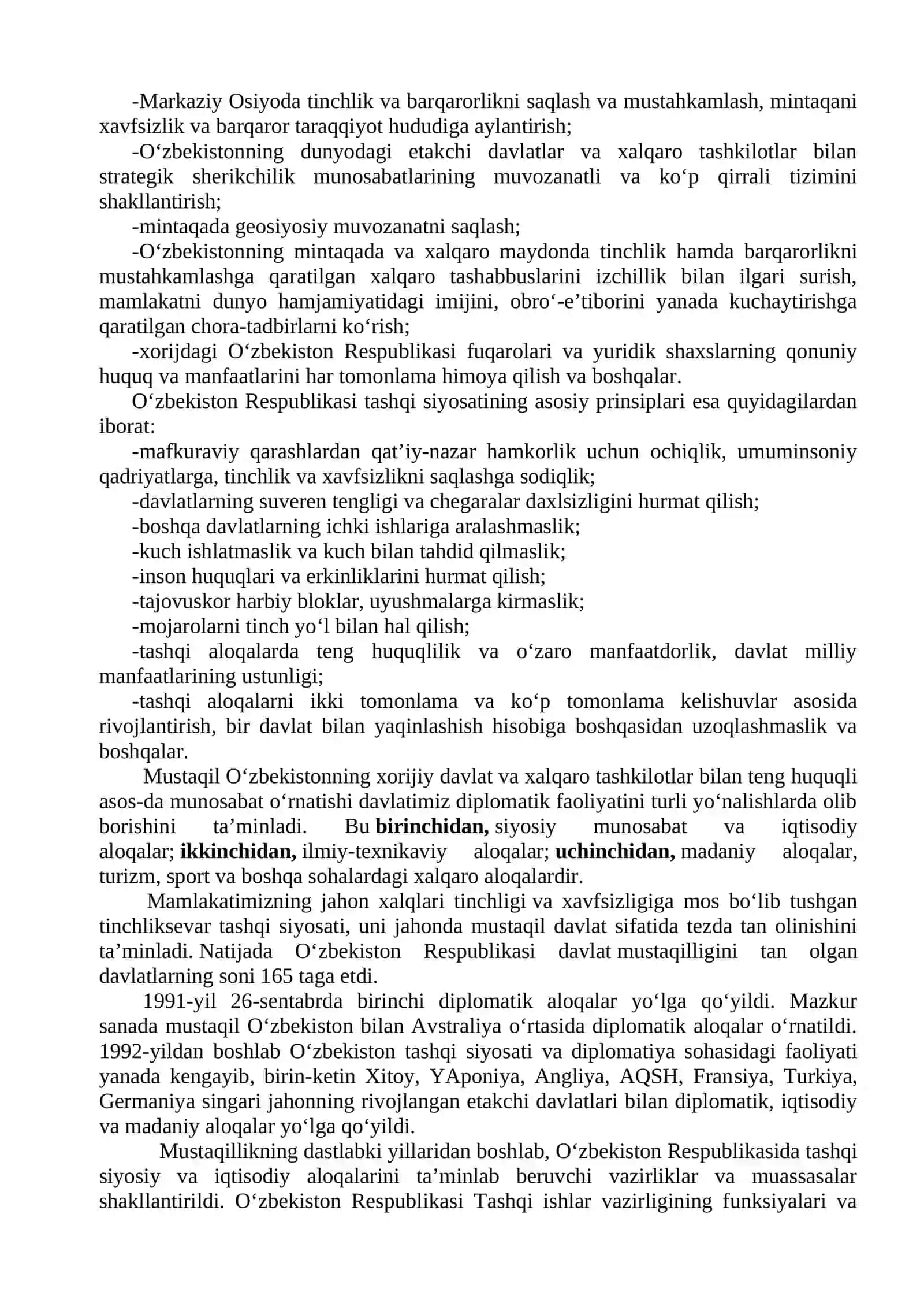 Mustaqil O‘zbekistonning tinchliksevar tashqi siyosati va jahon hamjamiyatiga qo‘shilishi 2