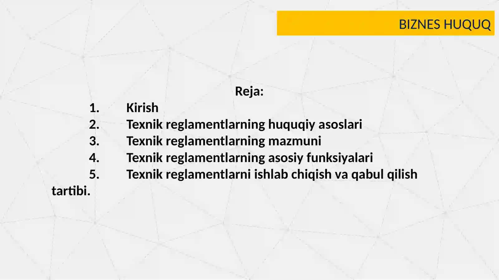 Texnik reglament maqsadi  mazmuni ishlab chiqish va  qabul qilish tartibi hamda texnik reglamentlarni qayta ko’rib chiqish yoki bekor qilishning o’ziga xos jihatlari 2