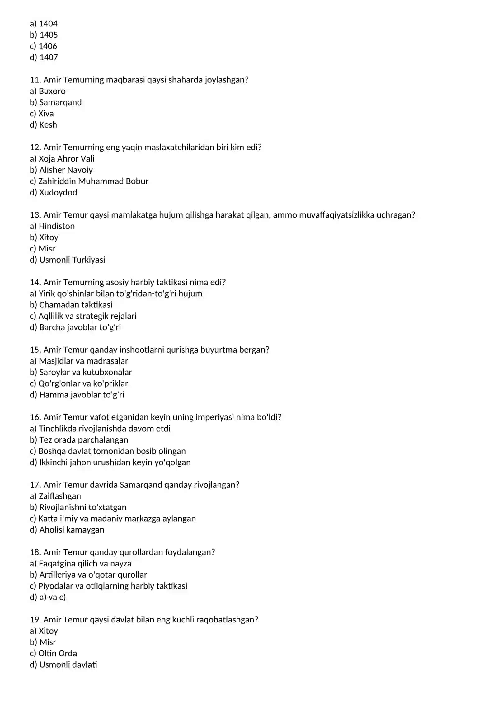 Amir Temur haqidagi 20 ta test savoli va javoblarini 2