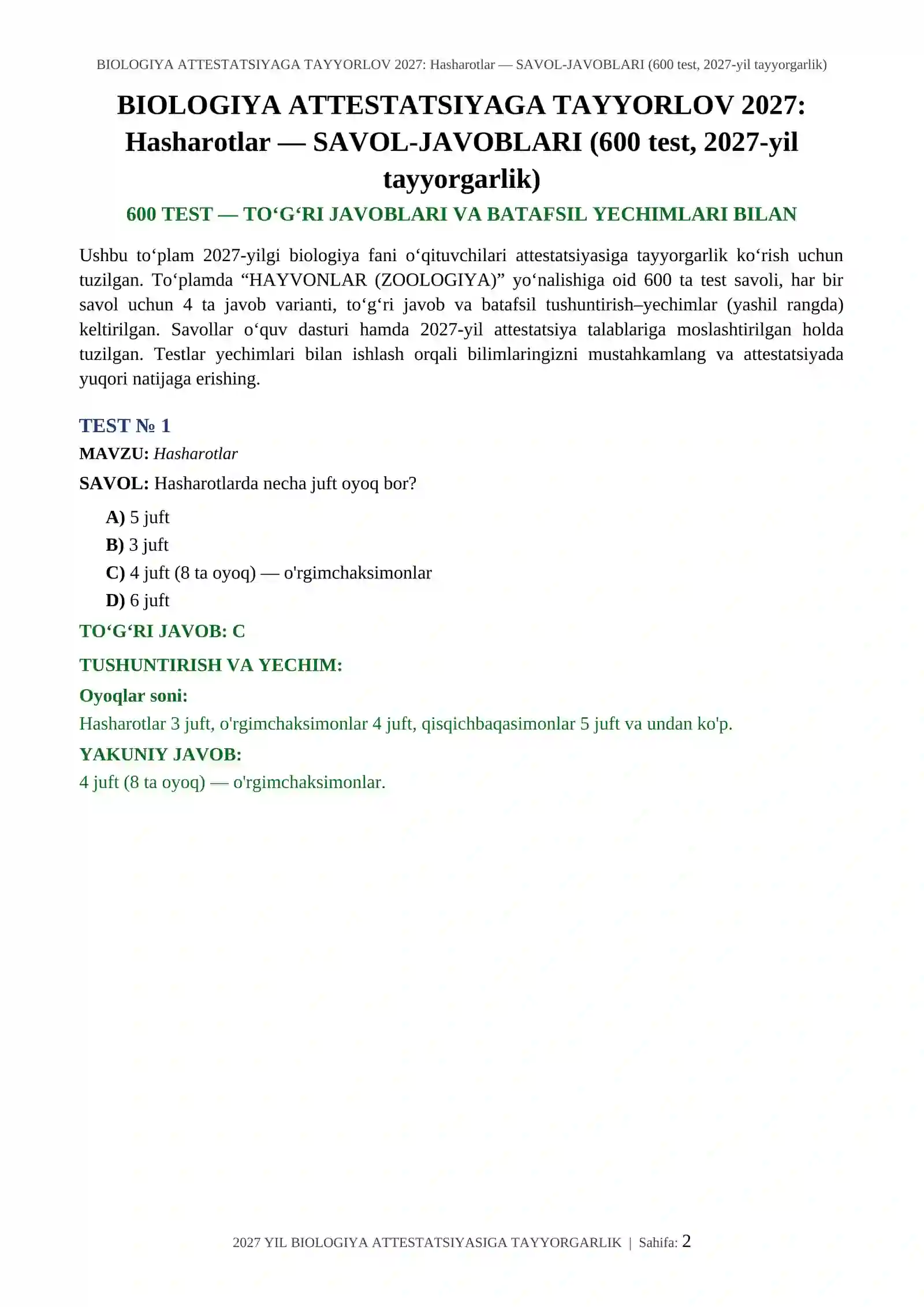 BIOLOGIYA ATTESTATSIYAGA TAYYORLOV 2027: Hasharotlar — SAVOL-JAVOBLARI (600 test, 2027-yil tayyorgarlik) 2