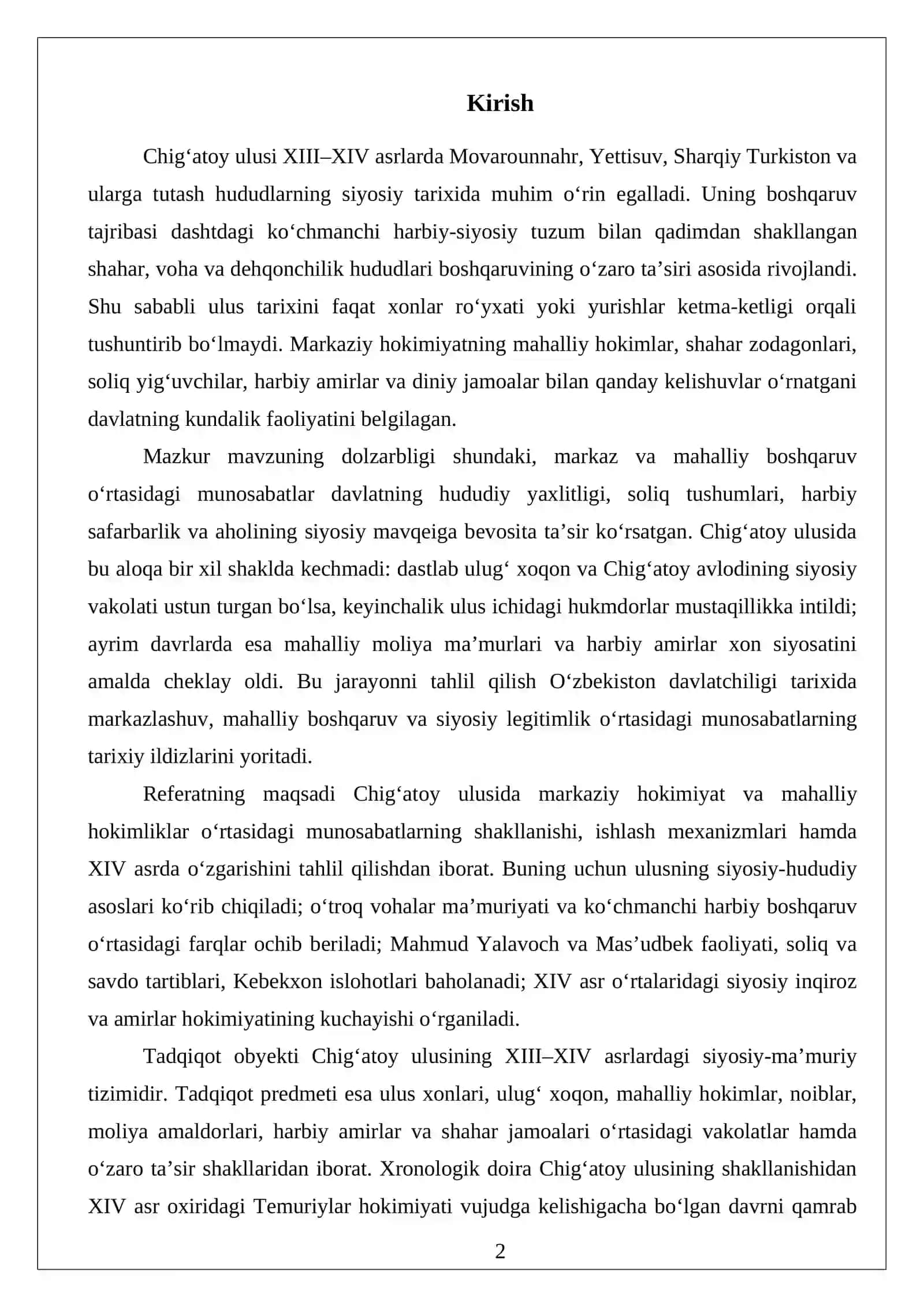 CHIG‘ATOY ULUSIDA MAHALLIY HOKIMLIKLAR VA MARKAZIY HOKIMIYAT O‘RTASIDAGI MUNOSABATLAR 2