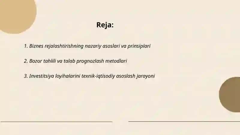 Biznes faoliyatini rejalashtirish va texnik iqtisodiy jihatdan asoslash 2