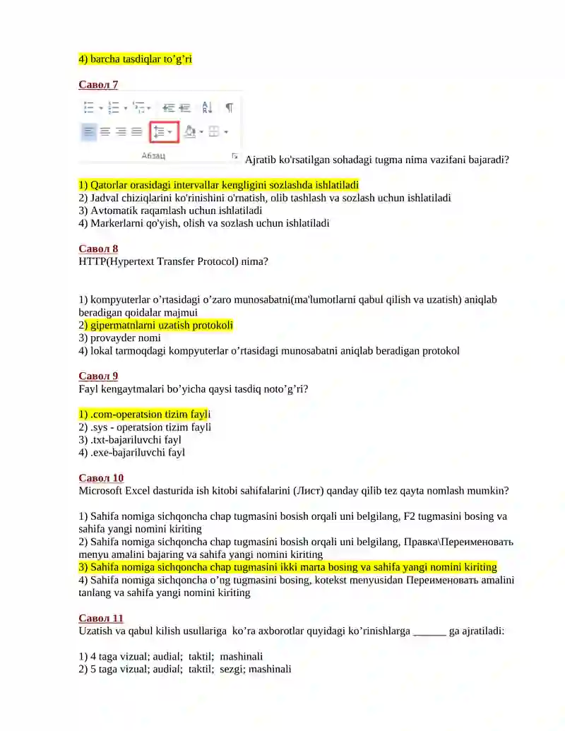 Informatika bo'yicha test savollari 2