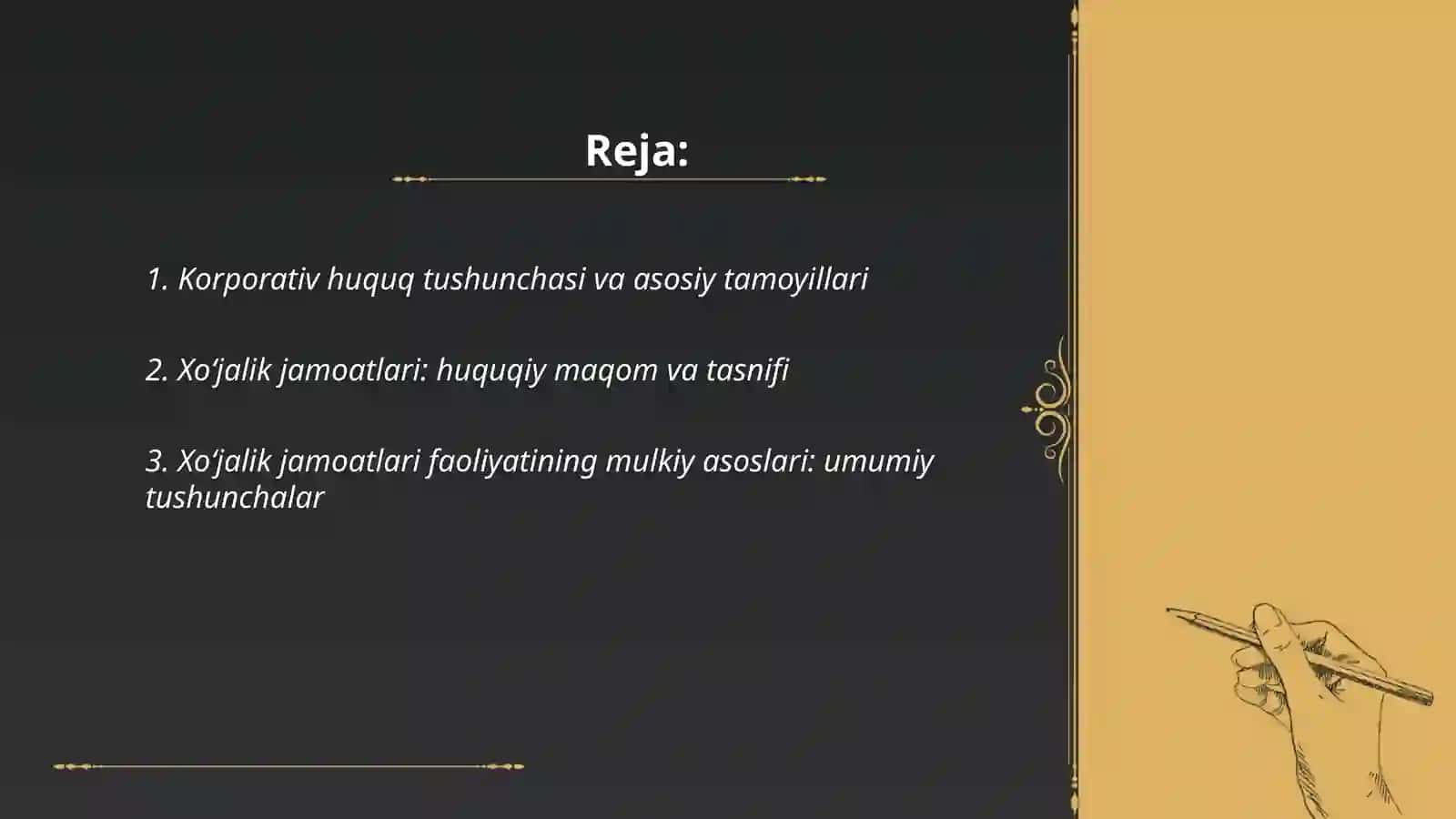 Korparativ huquq tushunchasi Xojalik jamoatlari faoliyatlarining mulkiy asoslari 2