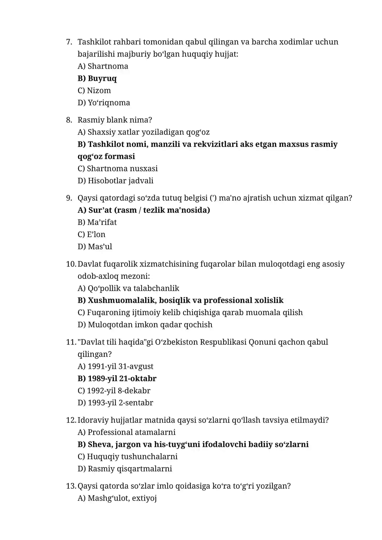 Argost test.Davlat tilida ish yuritish va IM-lo qoidalari testi 2