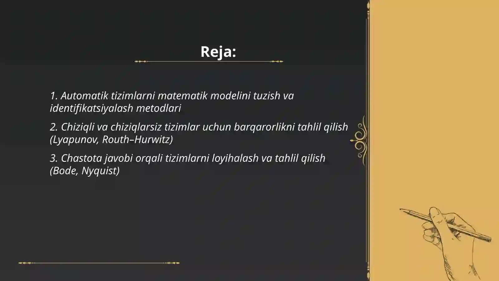 Automatik sistemalarni loyixalash uslublarini modelashtirish va analiz masollarini qollash 2