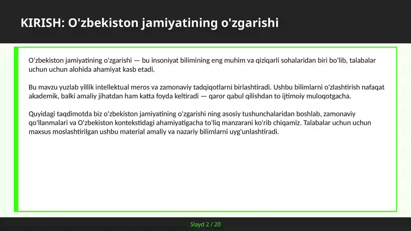 O'ZBEKISTON JAMIYATINING O'ZGARISHI 2